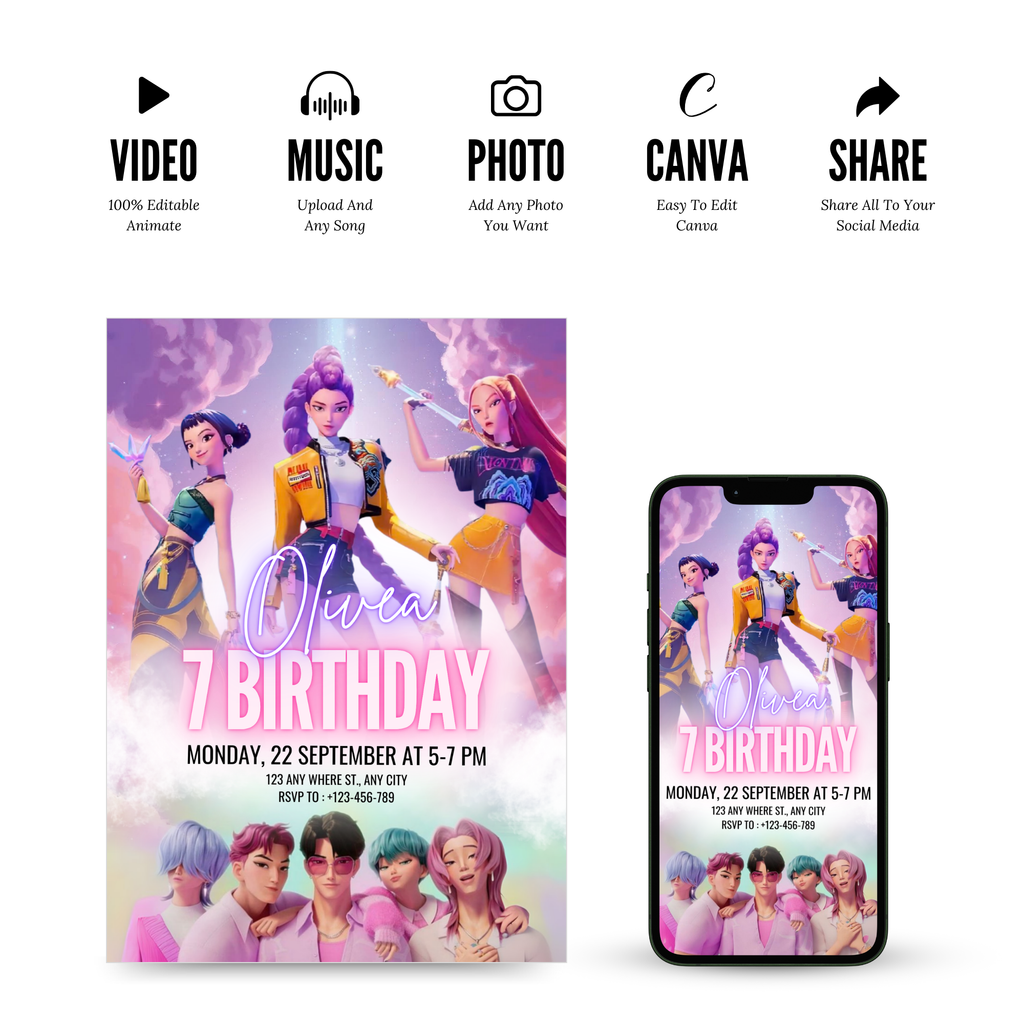 KPOP Demon Hunters Birthday Invitation Template