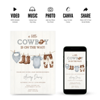 Cowboy baby shower invitation with rustic western theme, cowboy hat and boots design