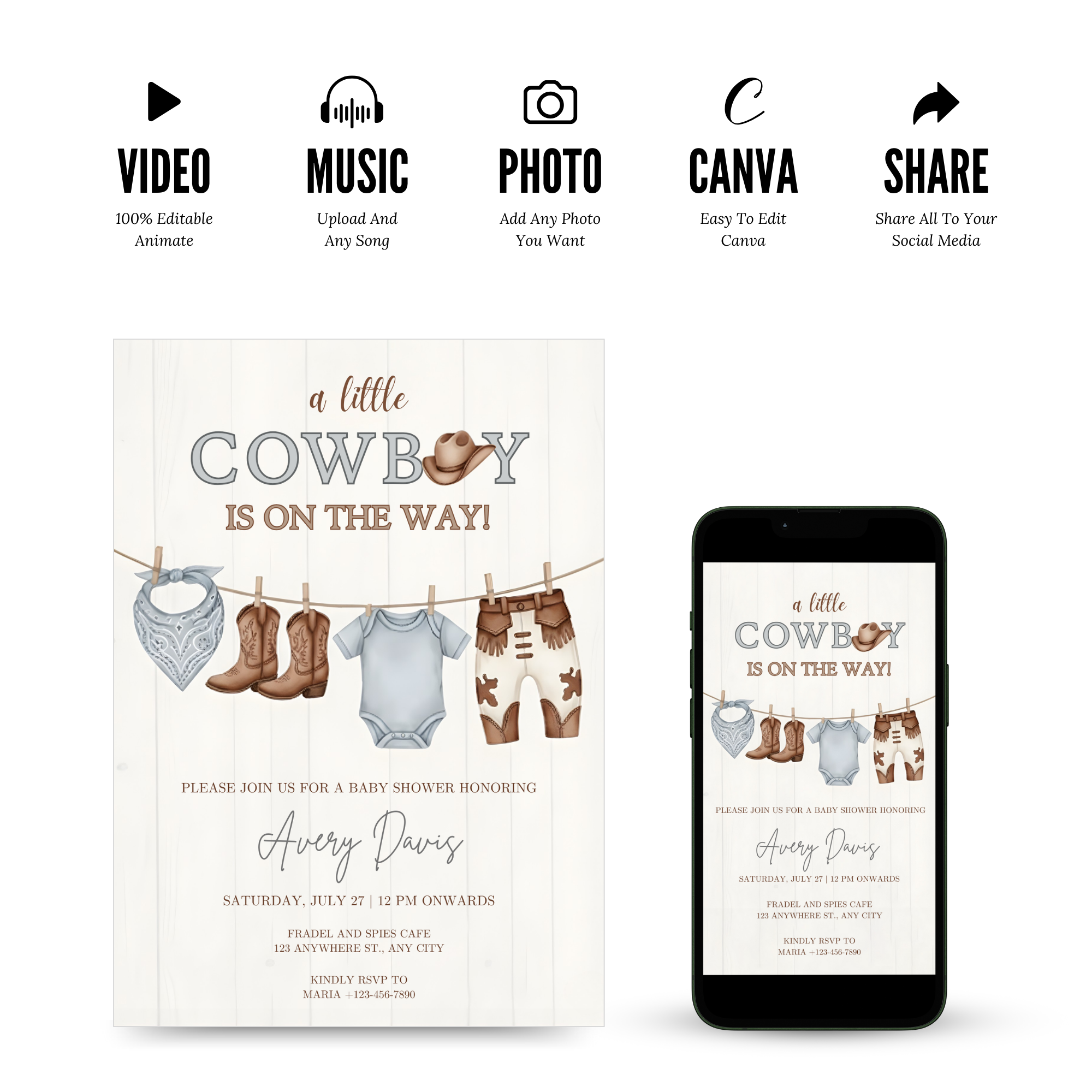 Cowboy baby shower invitation with rustic western theme, cowboy hat and boots design