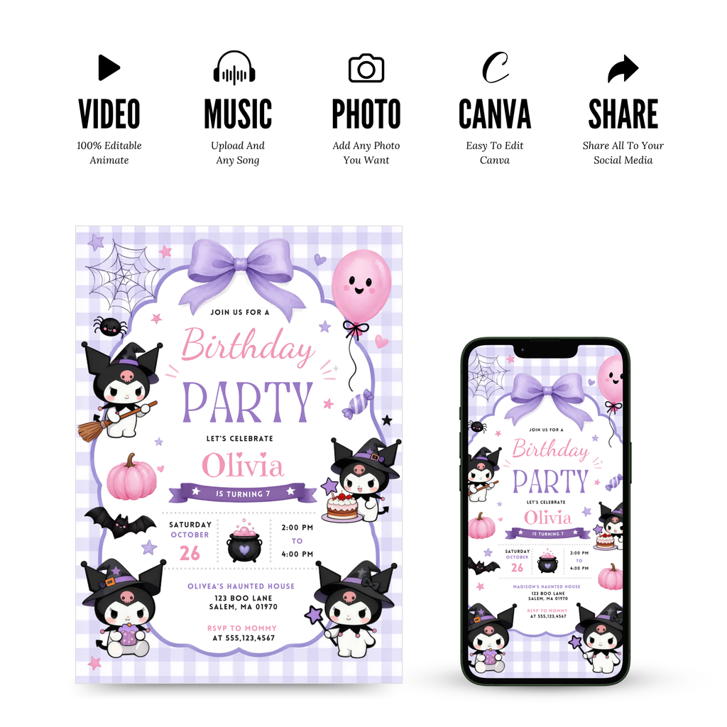 Digital Kuromi birthday party invitation