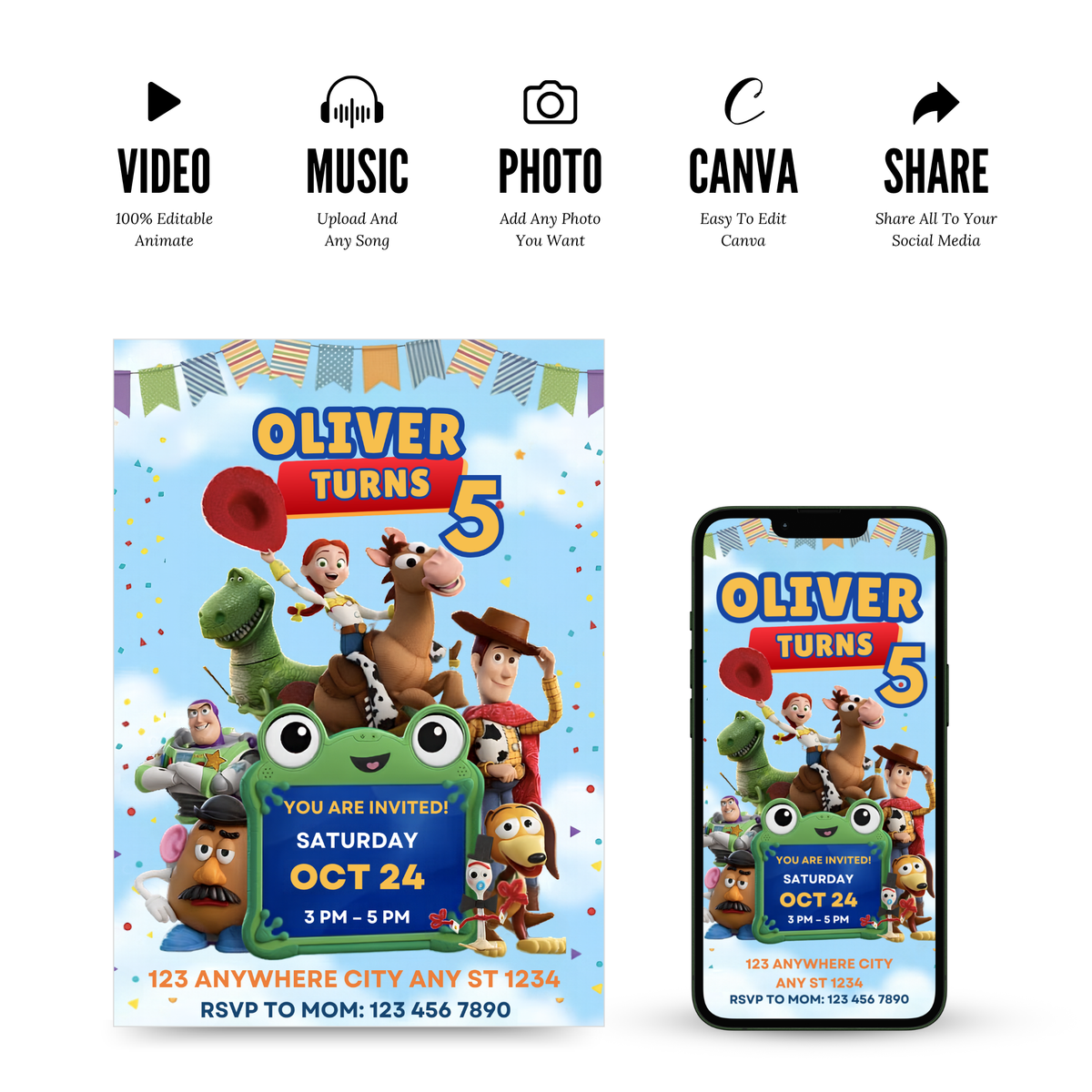 Editable Toy Story birthday party Canva invitation