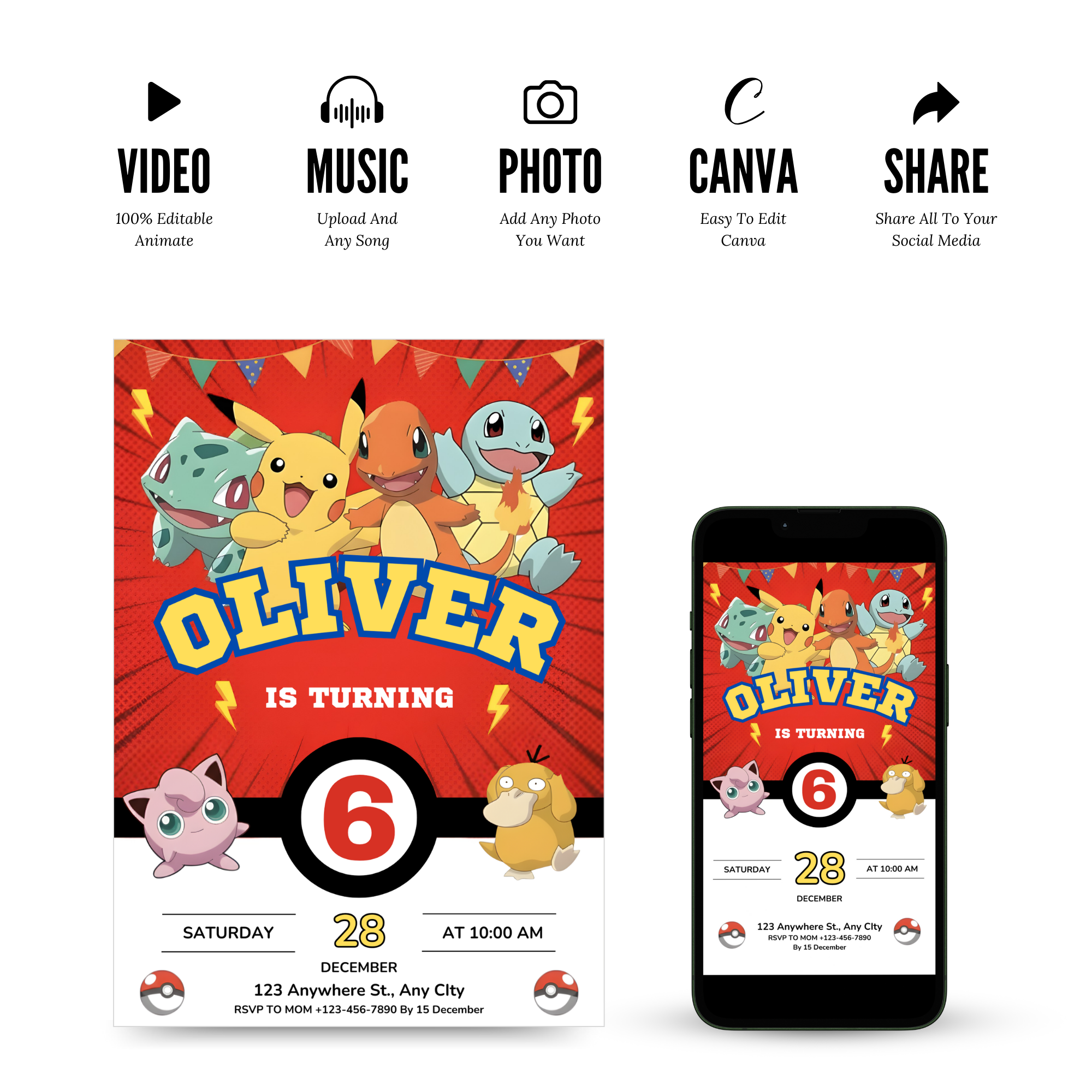 Pokemon birthday invitation with Pikachu theme