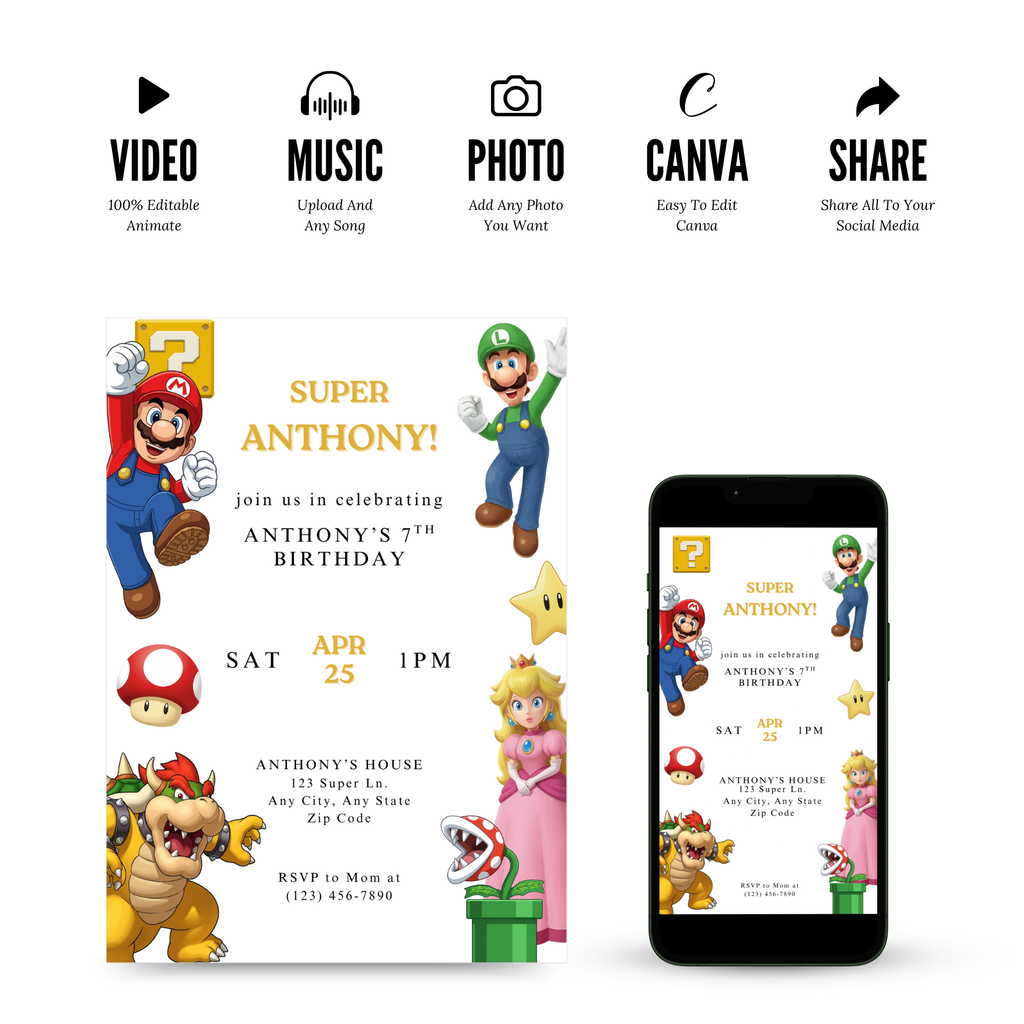 Canva Super Mario birthday invitation template with bright characters