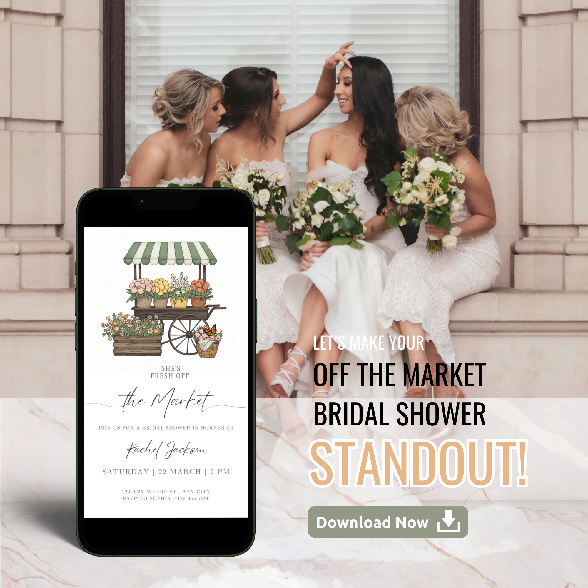 Off the Market Bridal Shower Wedding Invitation with modern typography