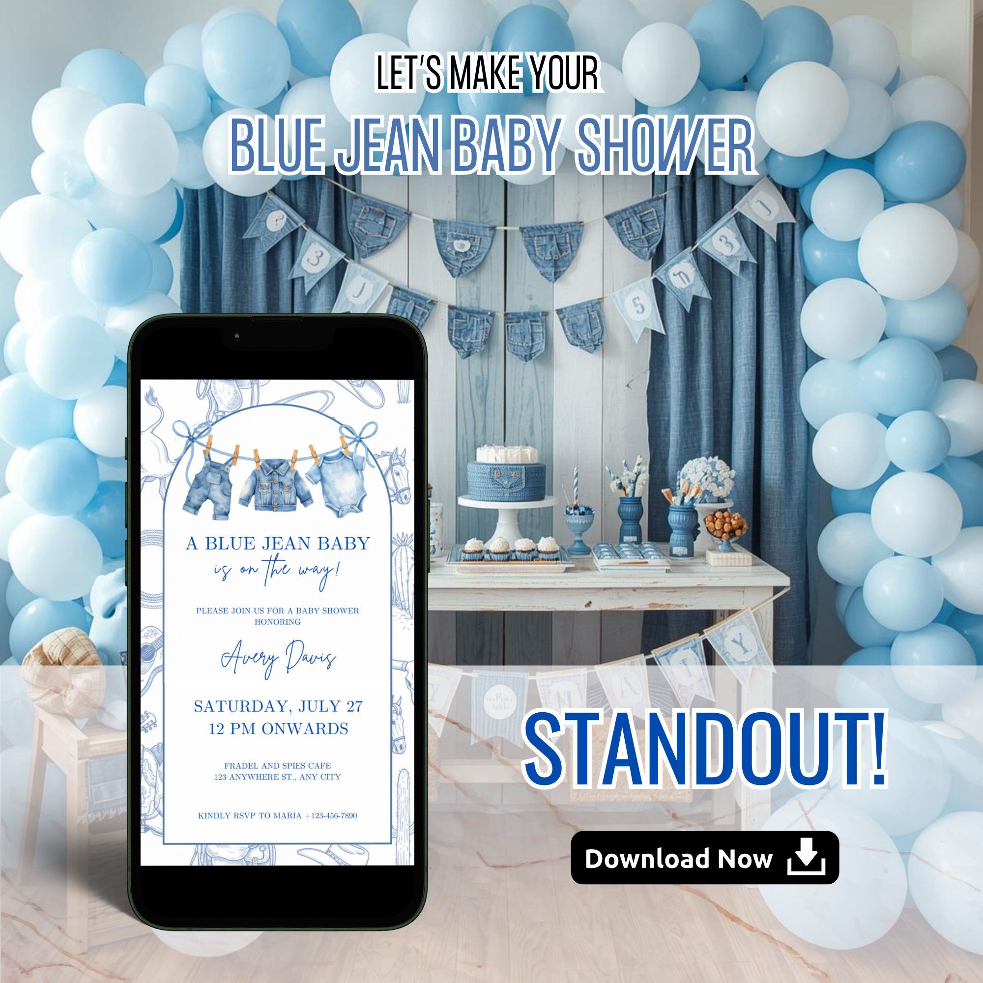 Blue Jean Baby Shower Invitation with denim texture and blue tones