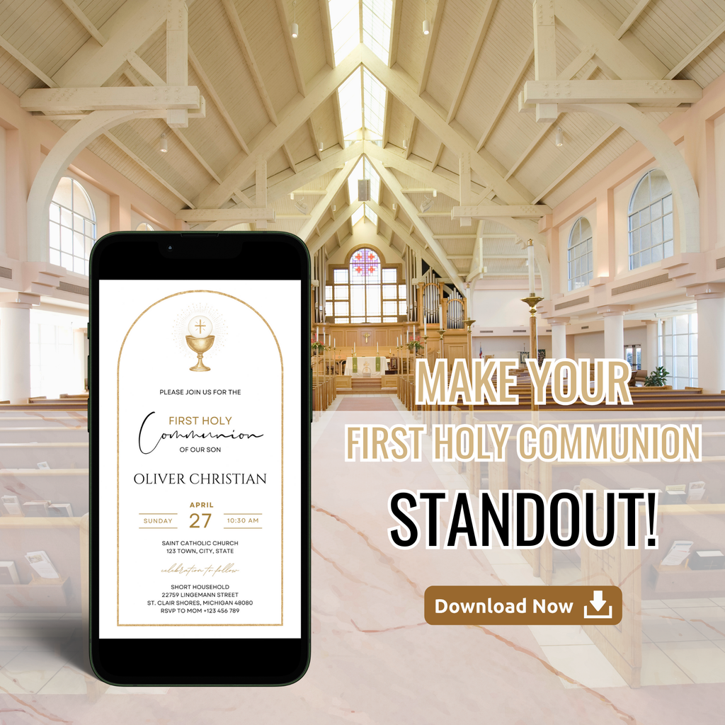 Elegant First Holy Communion invitation with soft neutral colors and religious design
