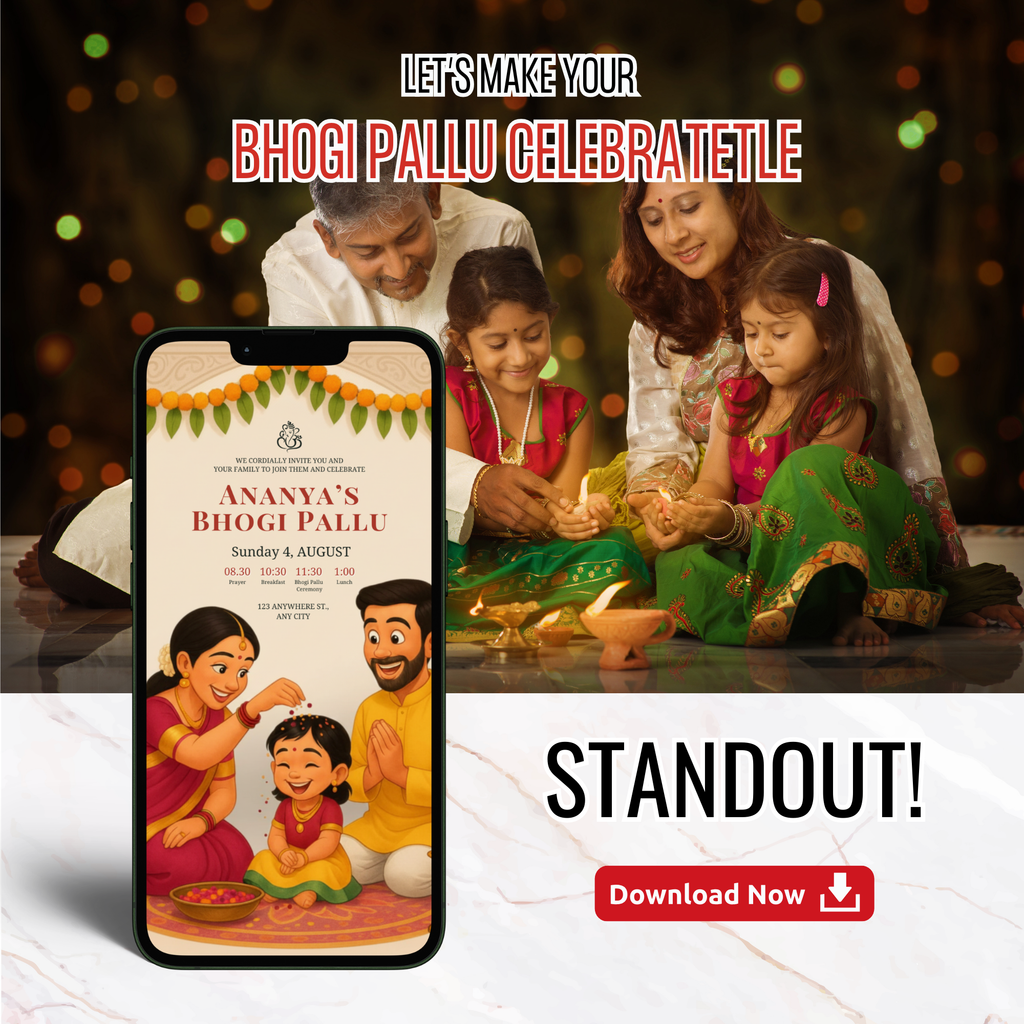 Bhogi Pallu invitation with traditional South Indian festive design