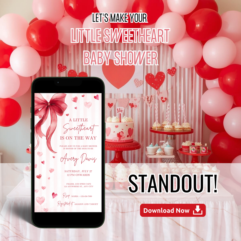 Little Sweetheart Baby Shower Invitation with pink hearts and Valentine theme design