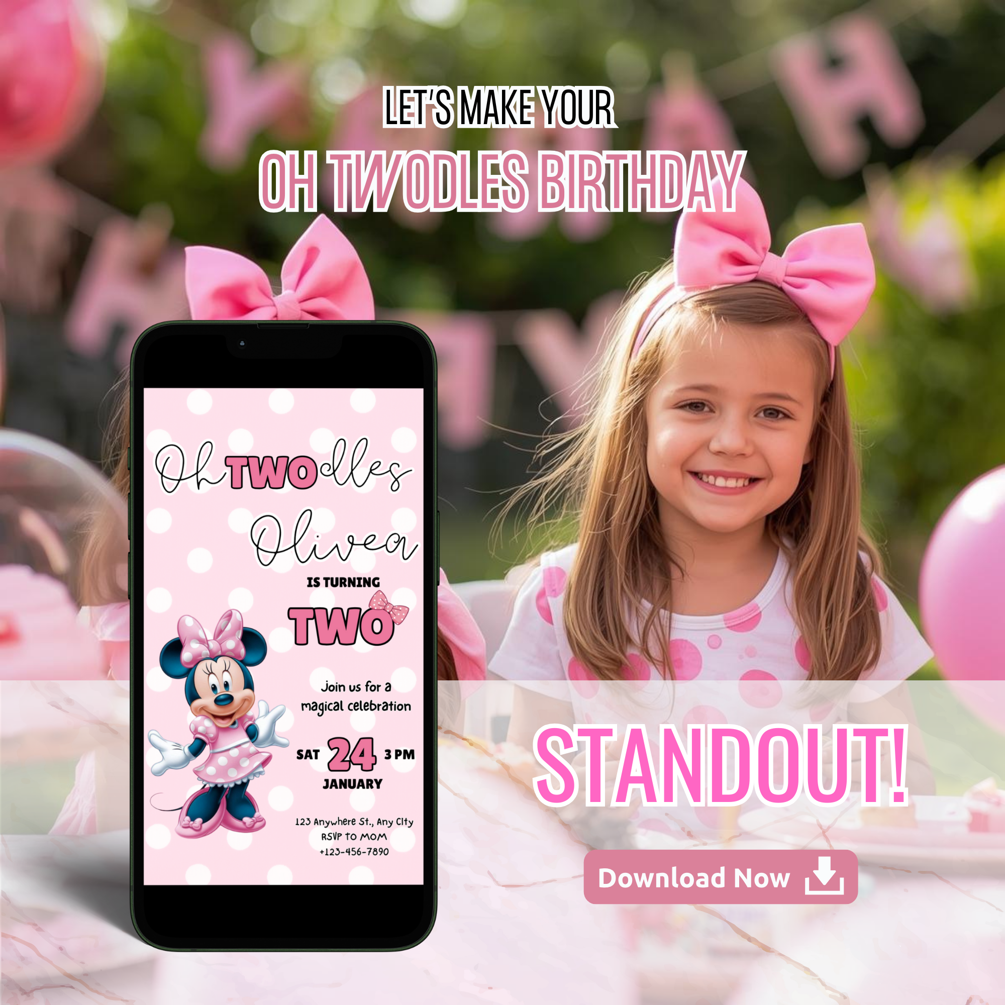 Girly Oh Twodles birthday invitation with pink bow aesthetic for second birthday party