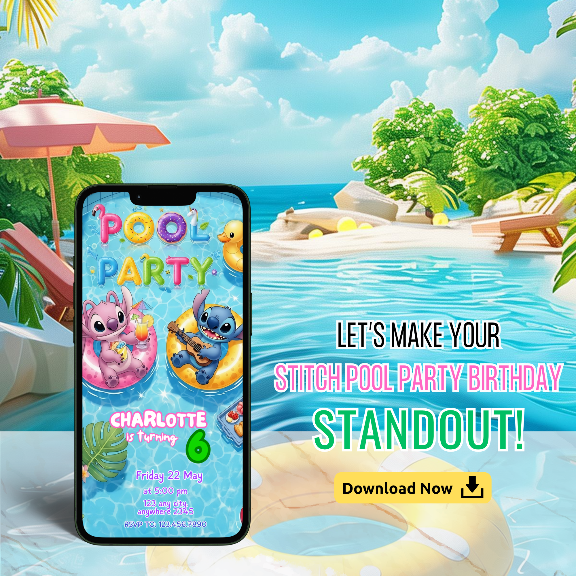 Hawaiian summer birthday party invite with Stitch theme