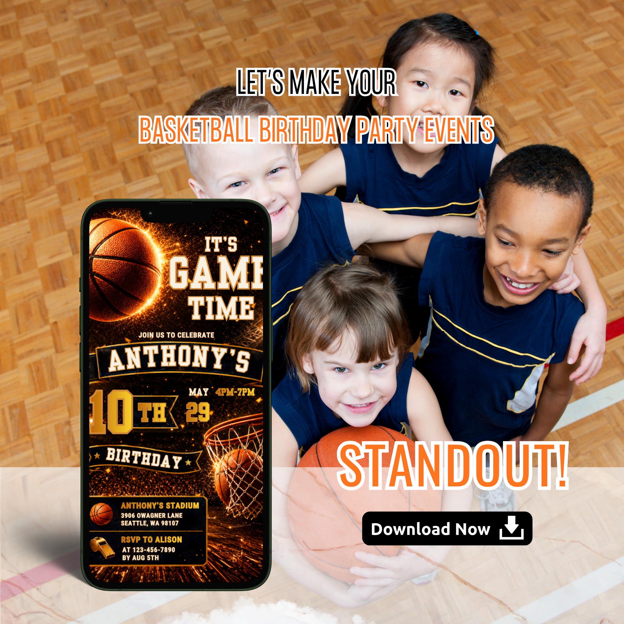 Slam dunk basketball birthday party invitation