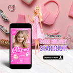 Barbie invitation template in pink glam style with editable text layout for a Barbie themed birthday party