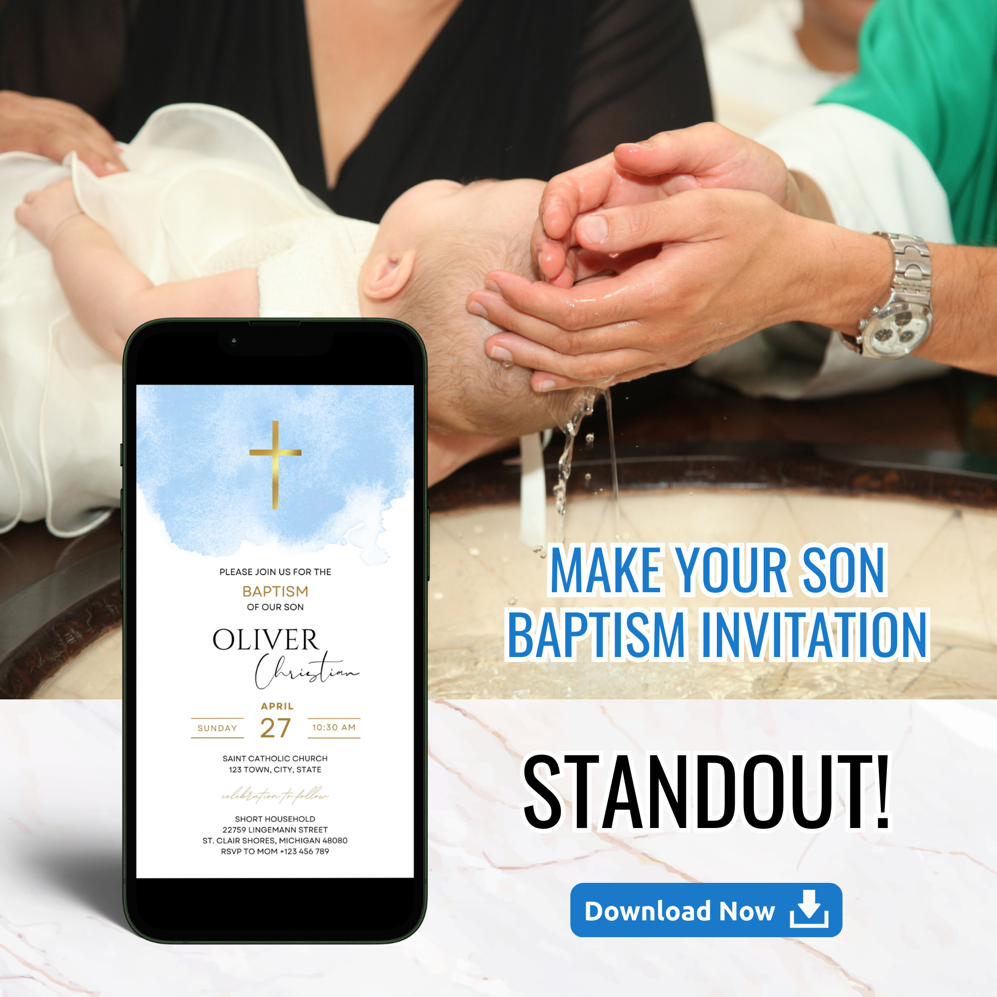 Boy baptism invitation with blue cross and elegant typography