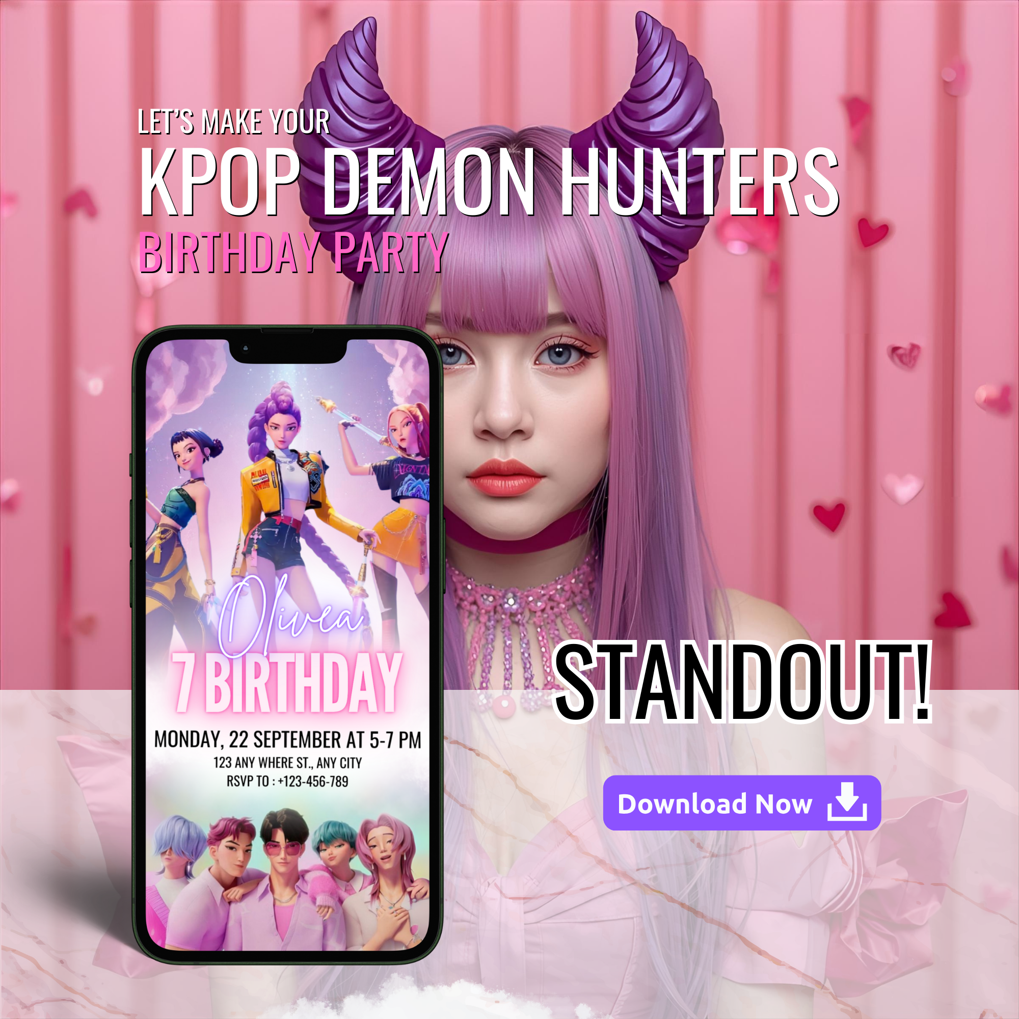 KPOP Demon Hunters Birthday Invitation Template