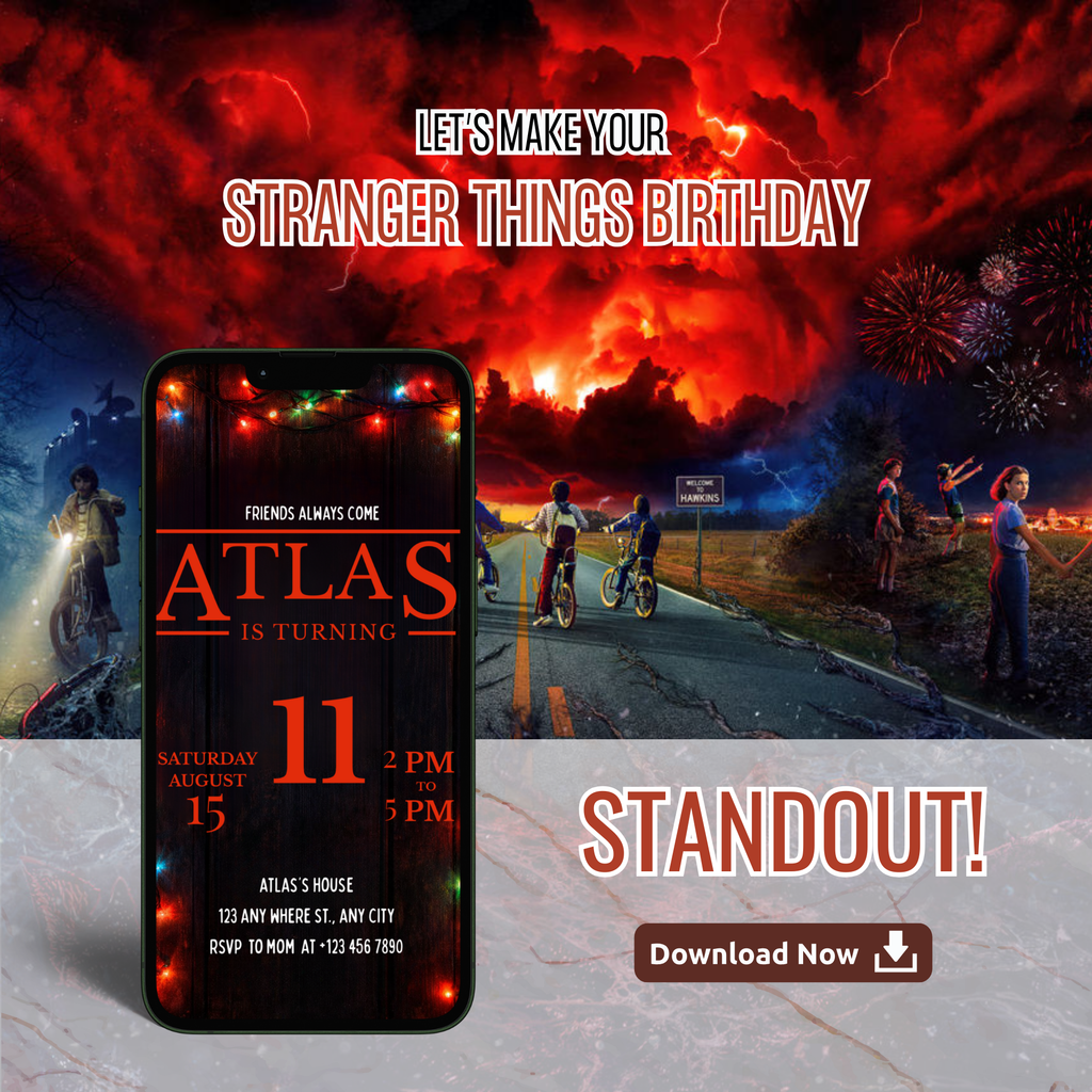 Stranger Things themed birthday invitation with dark cinematic background