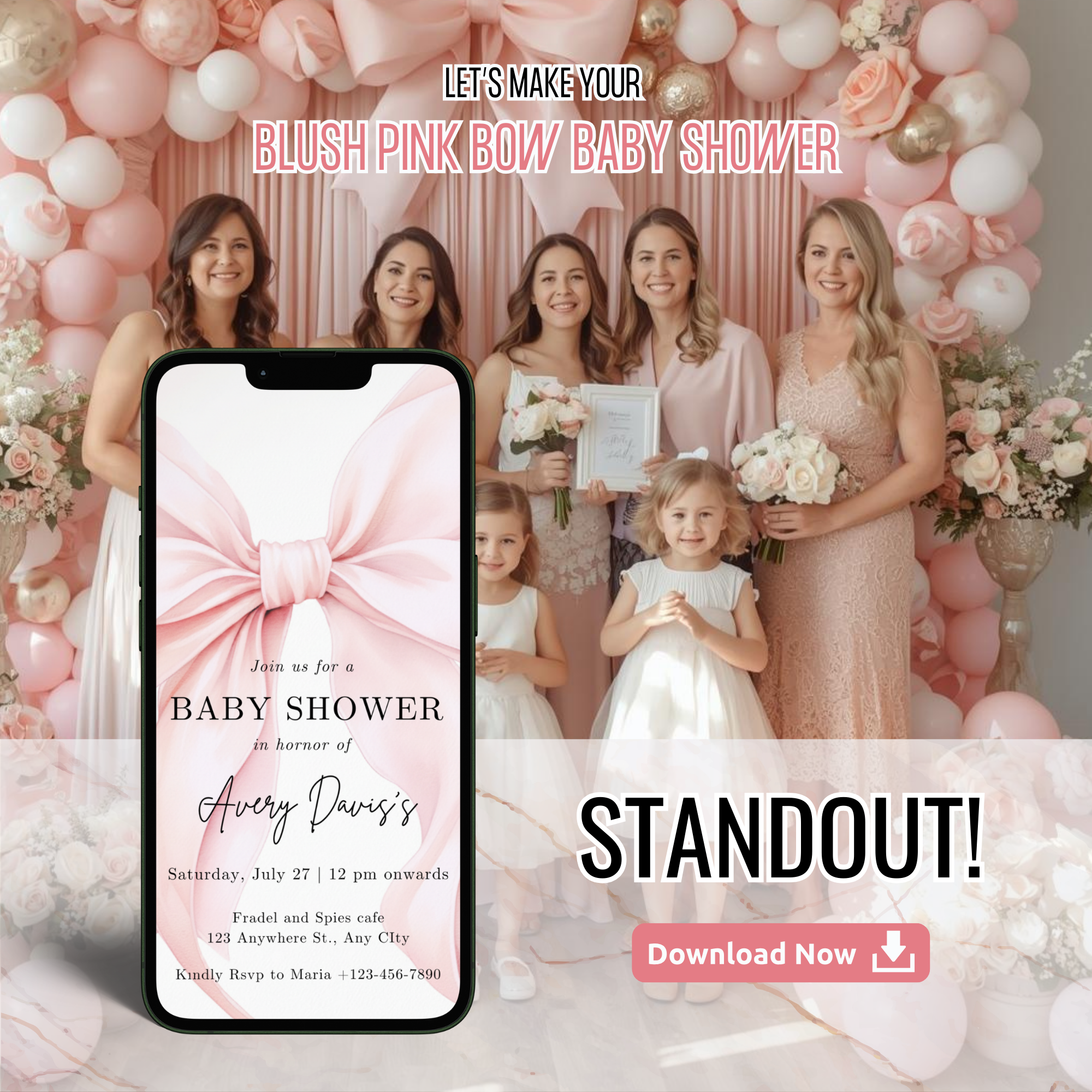 Blush Pink Bow Baby Shower Invitation Template with soft pink background and elegant bow design