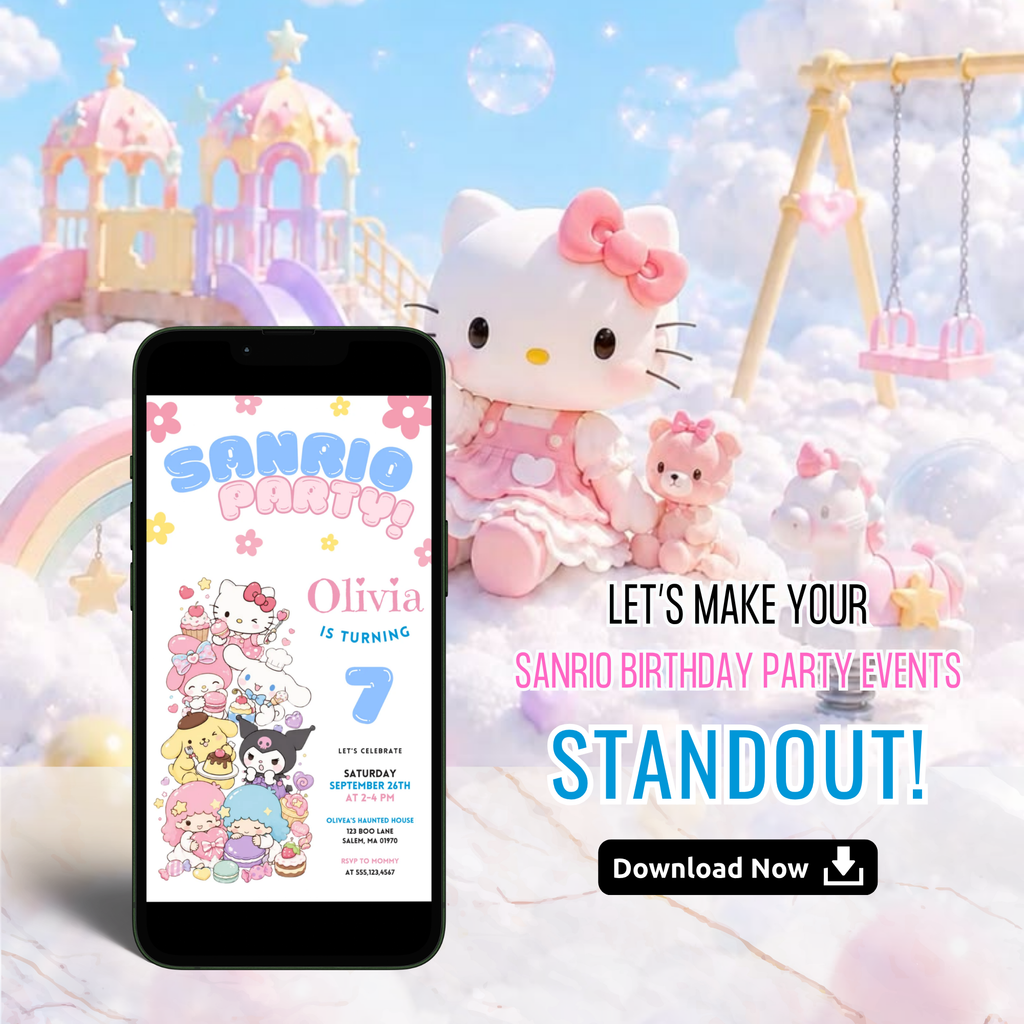 Editable Sanrio party invitation Canva template