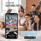 Modern 2026 Bad Bunny Super Bowl party invitation with trendy typography and football party elements