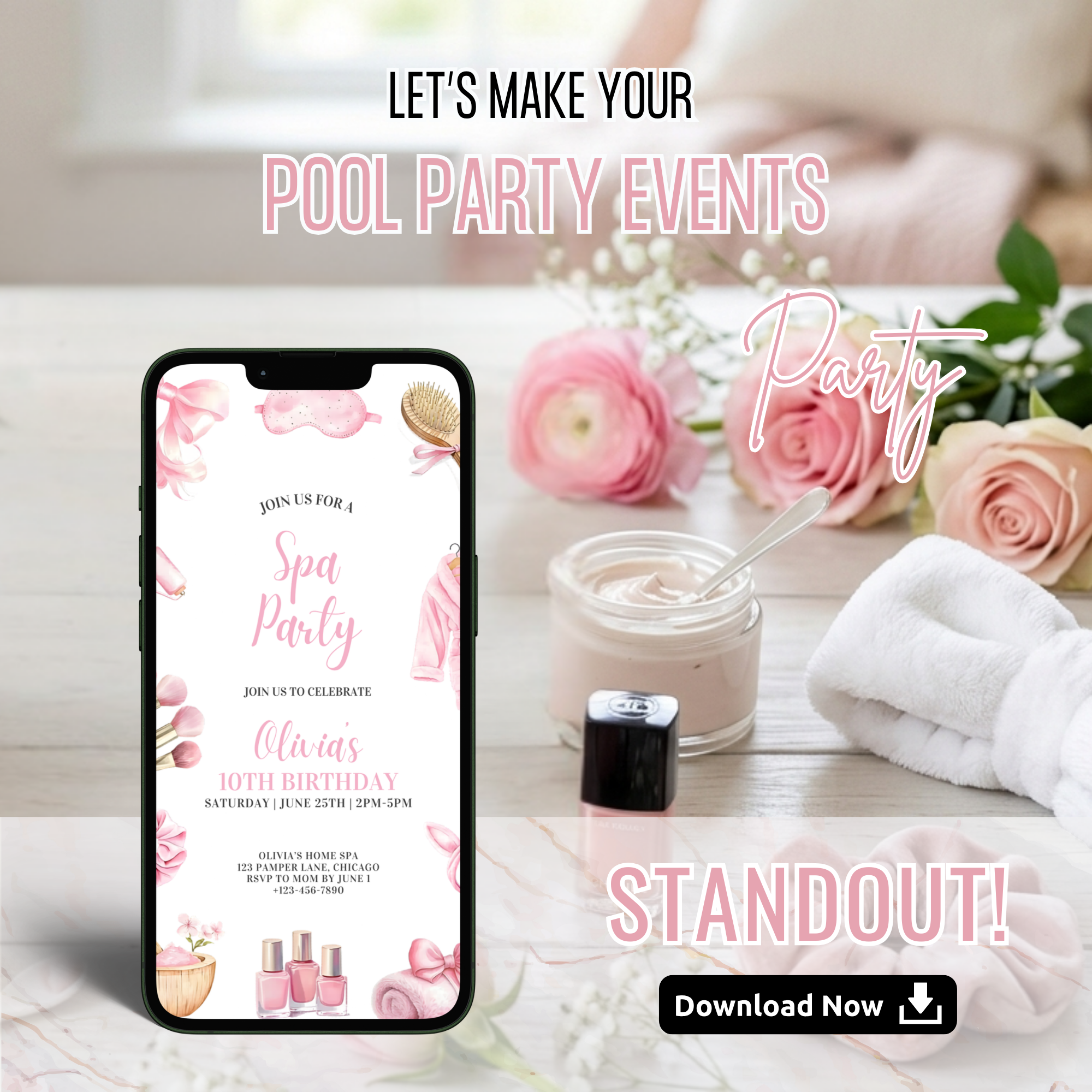 Minimalist pink spa birthday invitation for girls