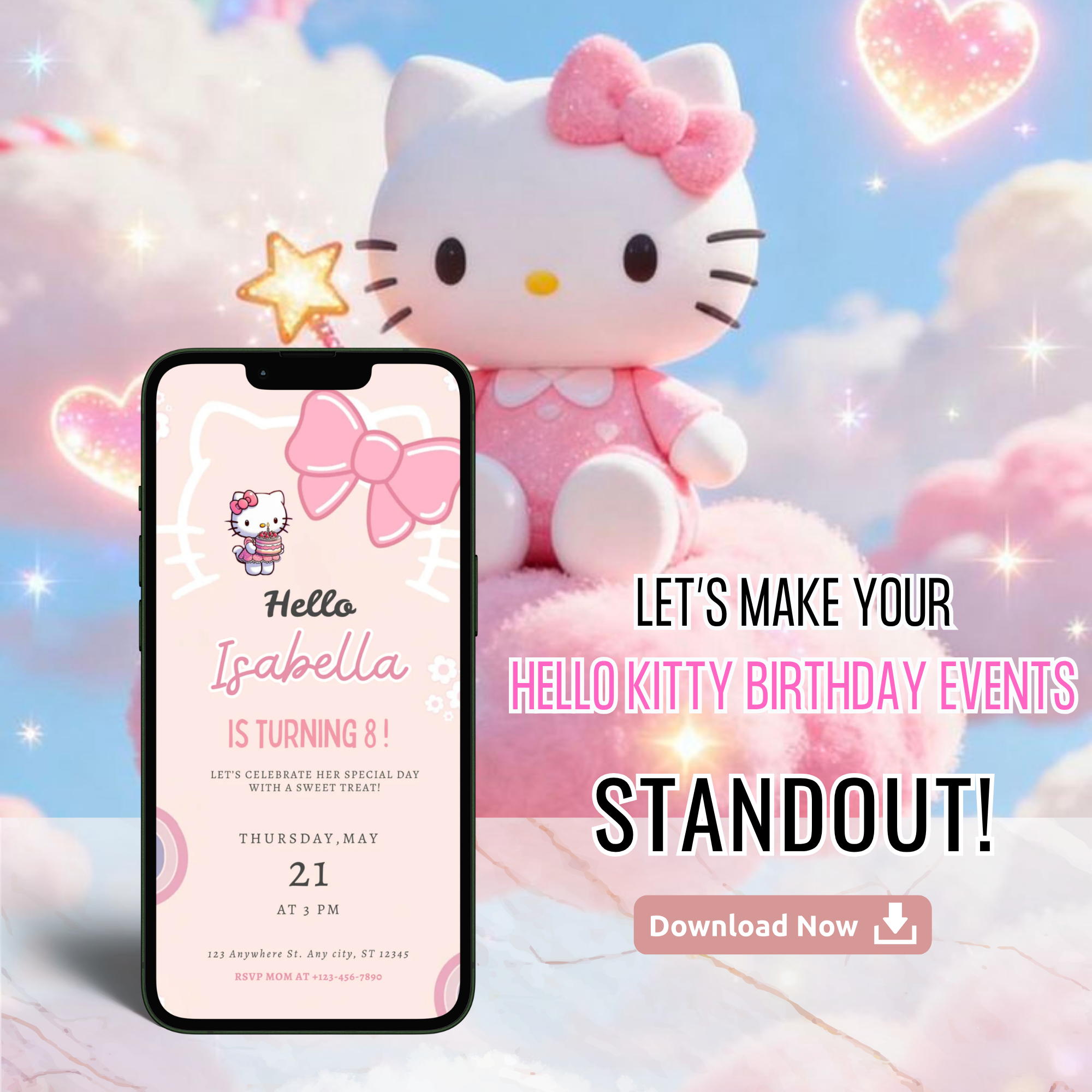pink cartoon birthday invitation hello kitty
