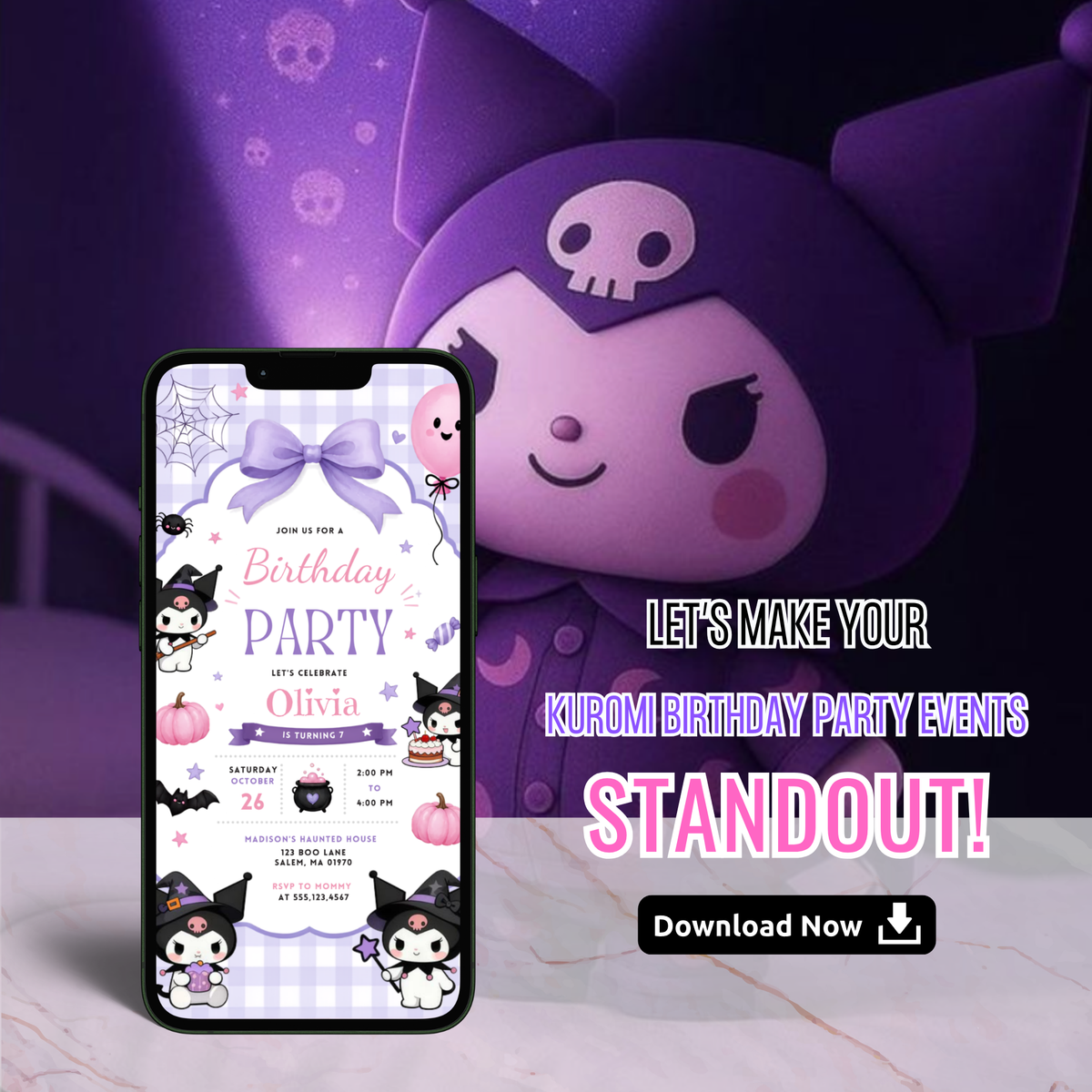 Kawaii Kuromi editable birthday invite