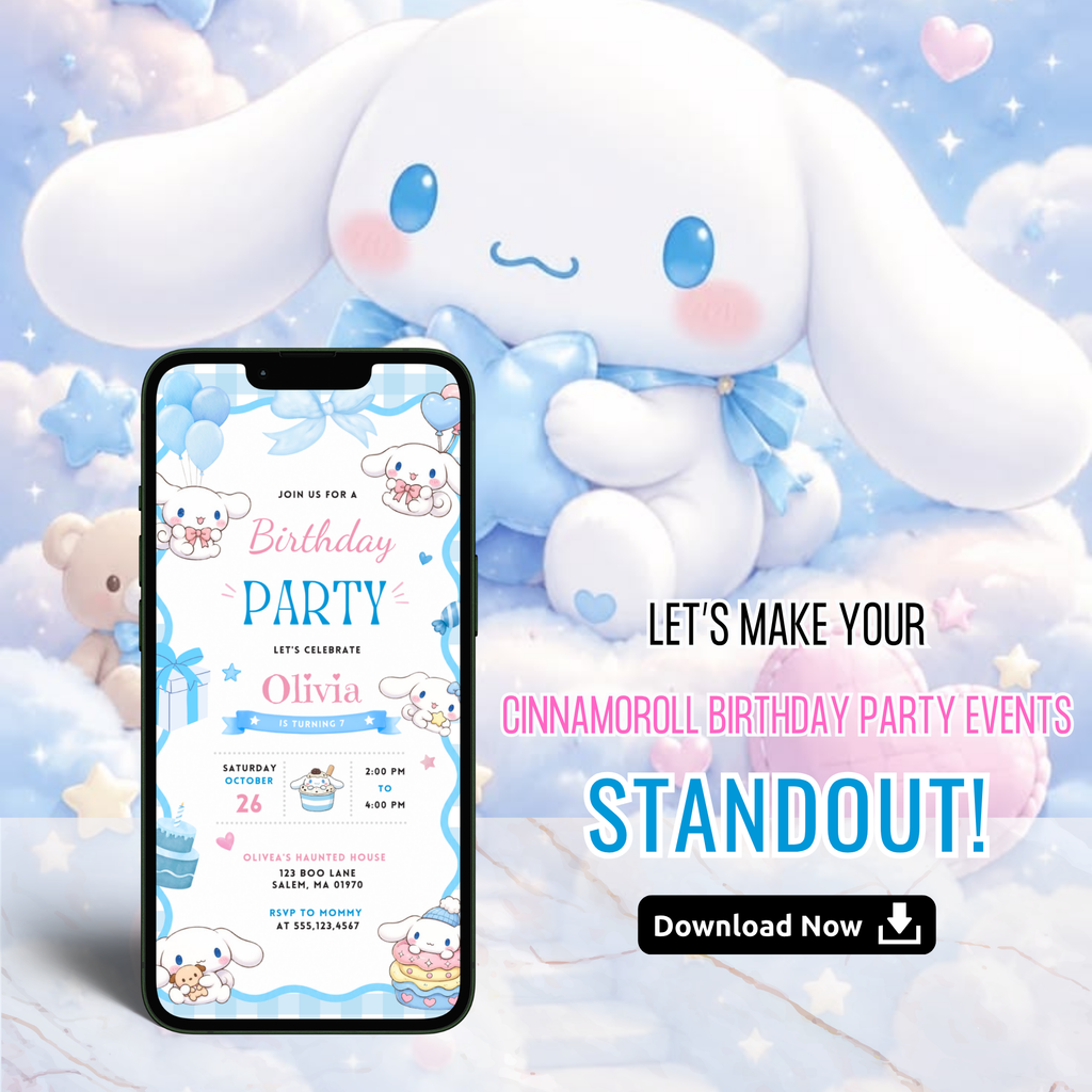 Editable Cinnamoroll party invite Canva template
