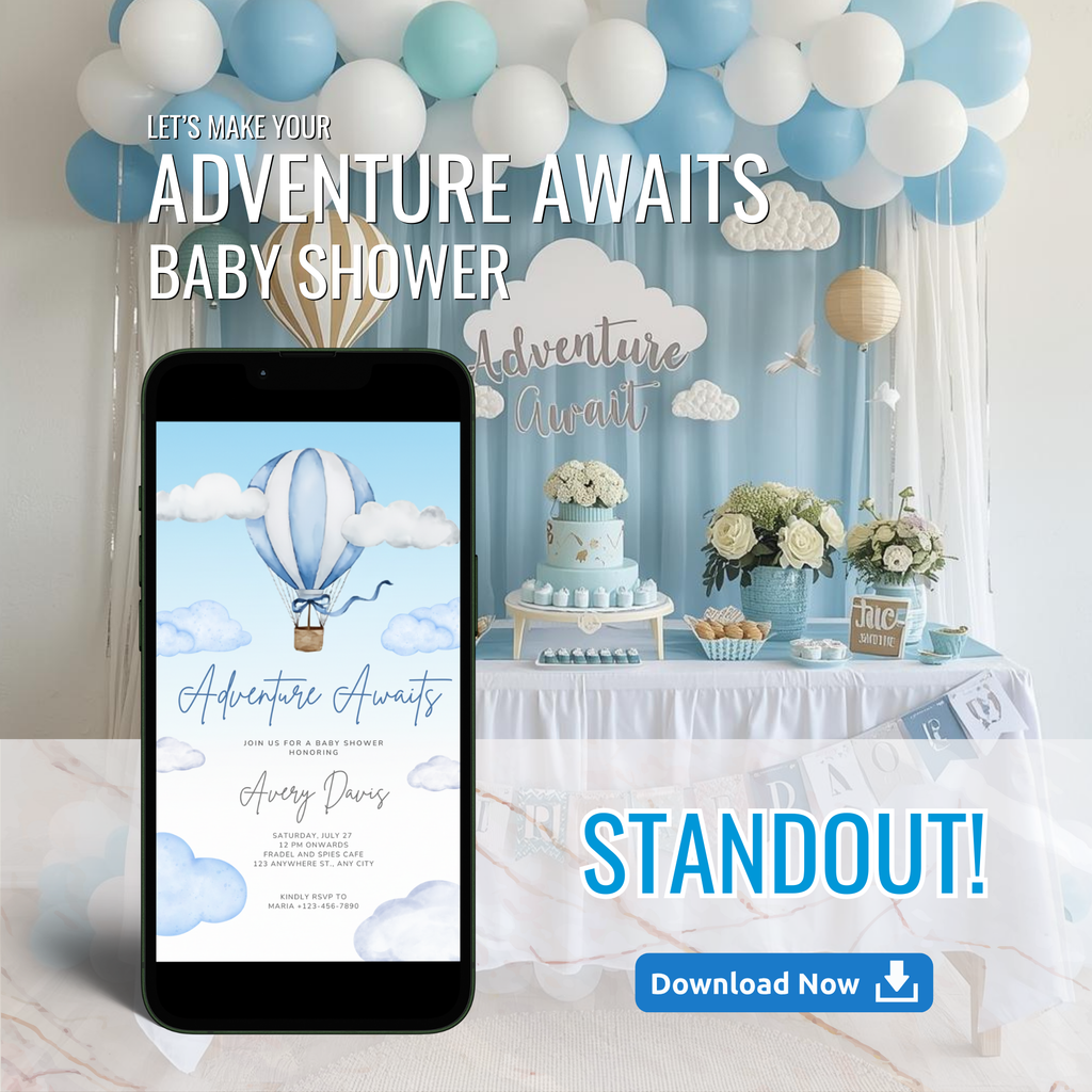 Adventure Awaits Baby Shower Invitation Air Balloon Up with pastel hot air balloons