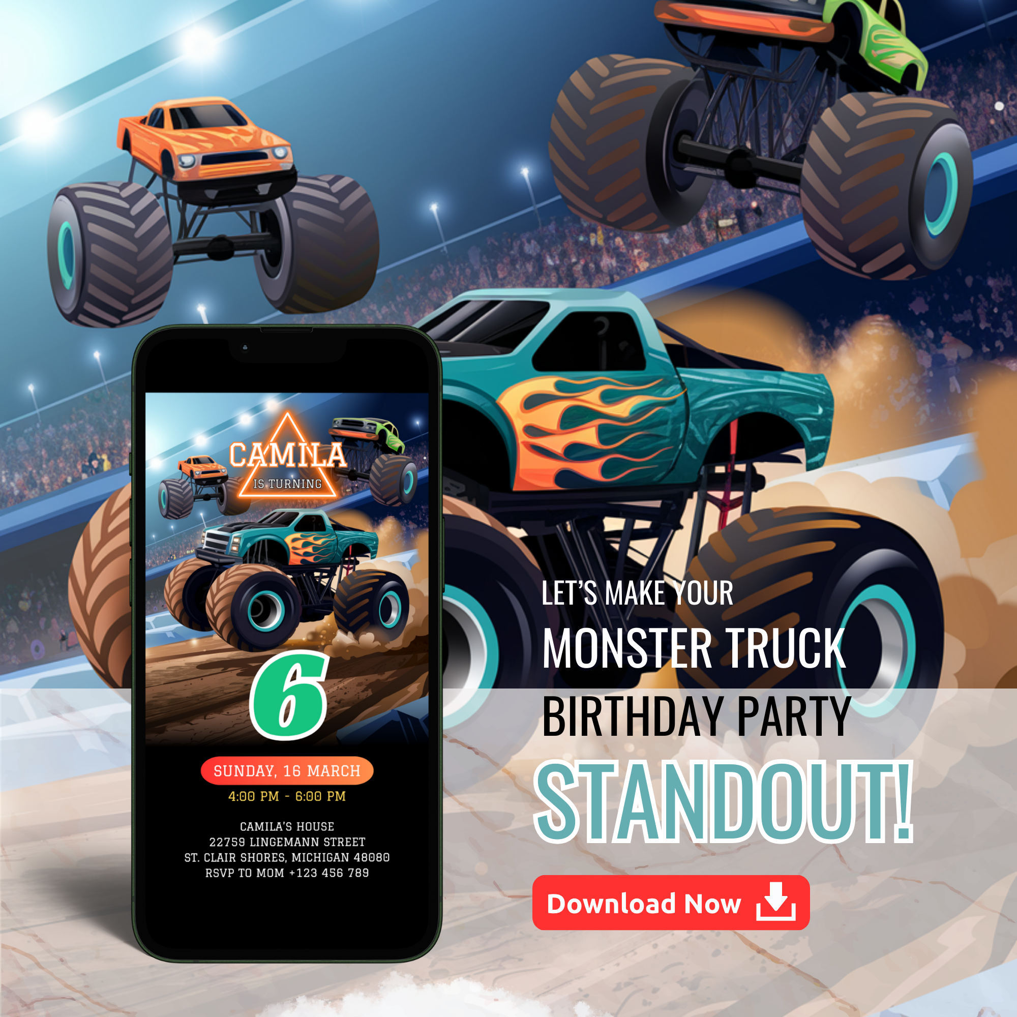 Monster Truck Birthday Invitation Template