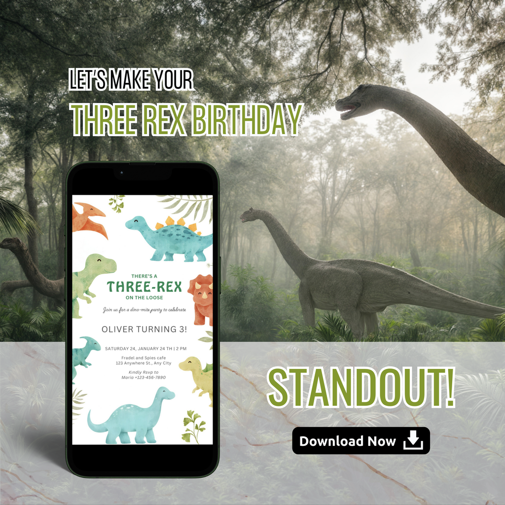 Three Rex Birthday Invitation with cute T-Rex illustration for a 3rd birthday party