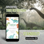 Three Rex Birthday Invitation with cute T-Rex illustration for a 3rd birthday party