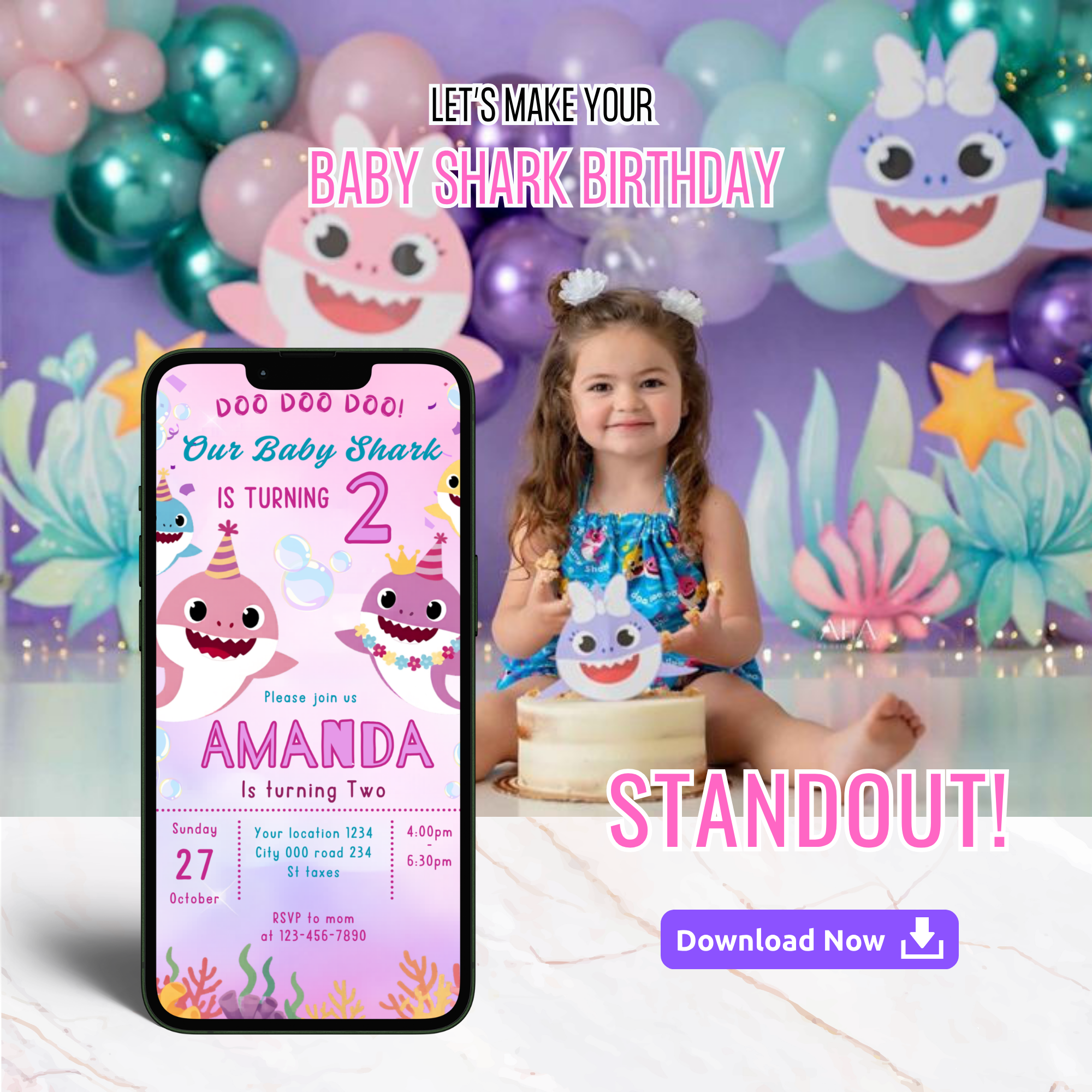 Baby Shark party invite template with fun ocean design