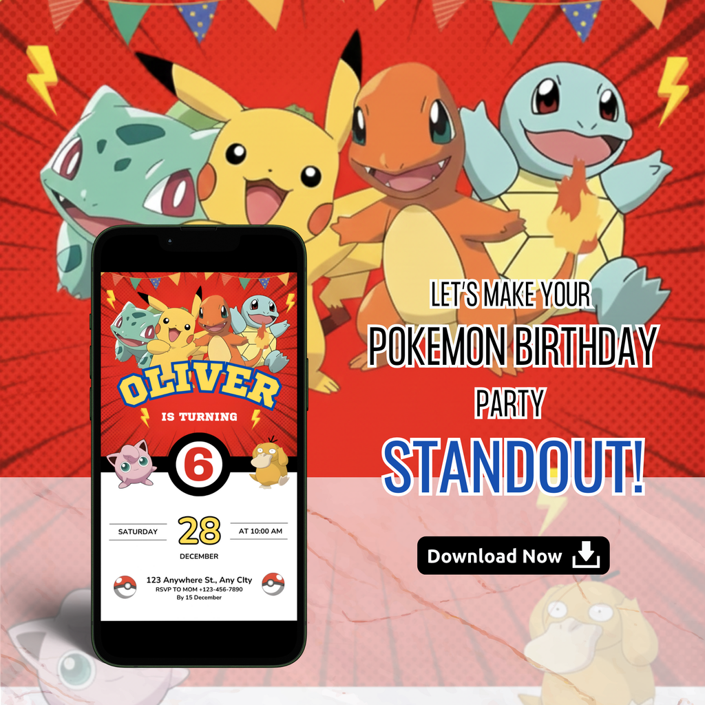 Pokemon birthday invitation with Pikachu theme