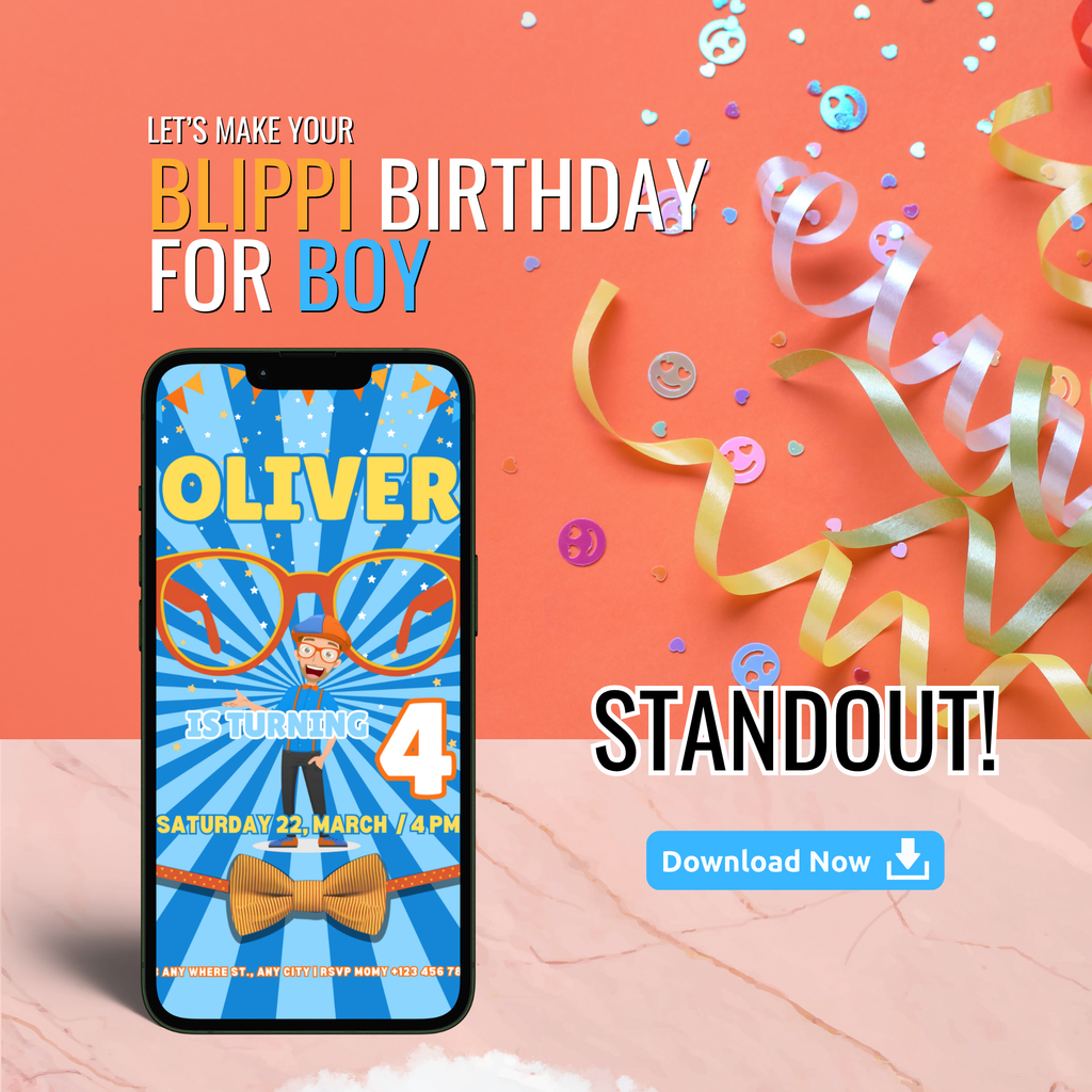 Fun cartoon Blippi birthday invitation kids party