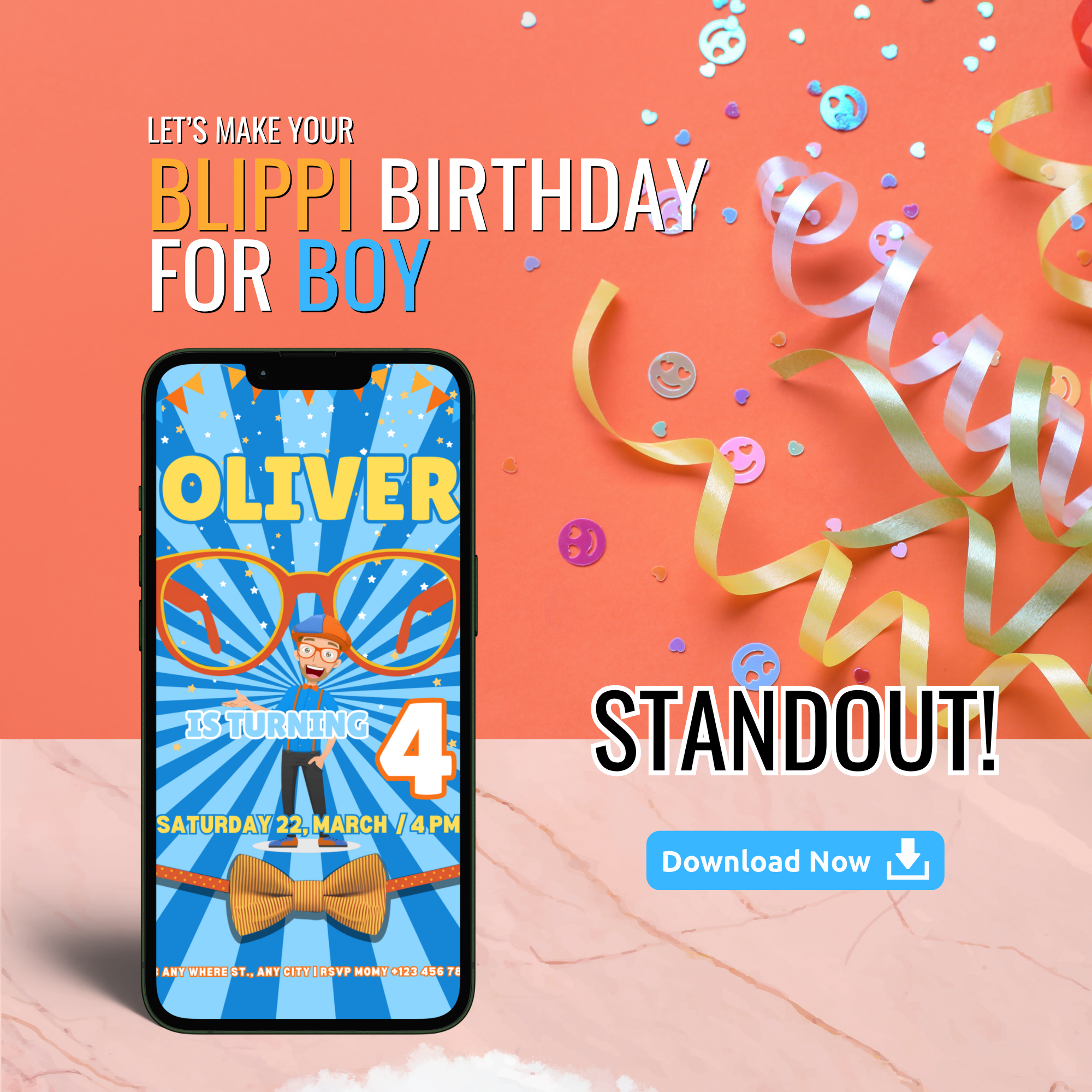 Fun cartoon Blippi birthday invitation kids party