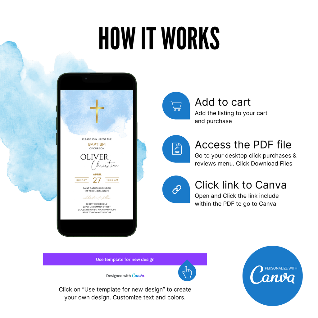 Boy baptism invitation with blue cross and elegant typography