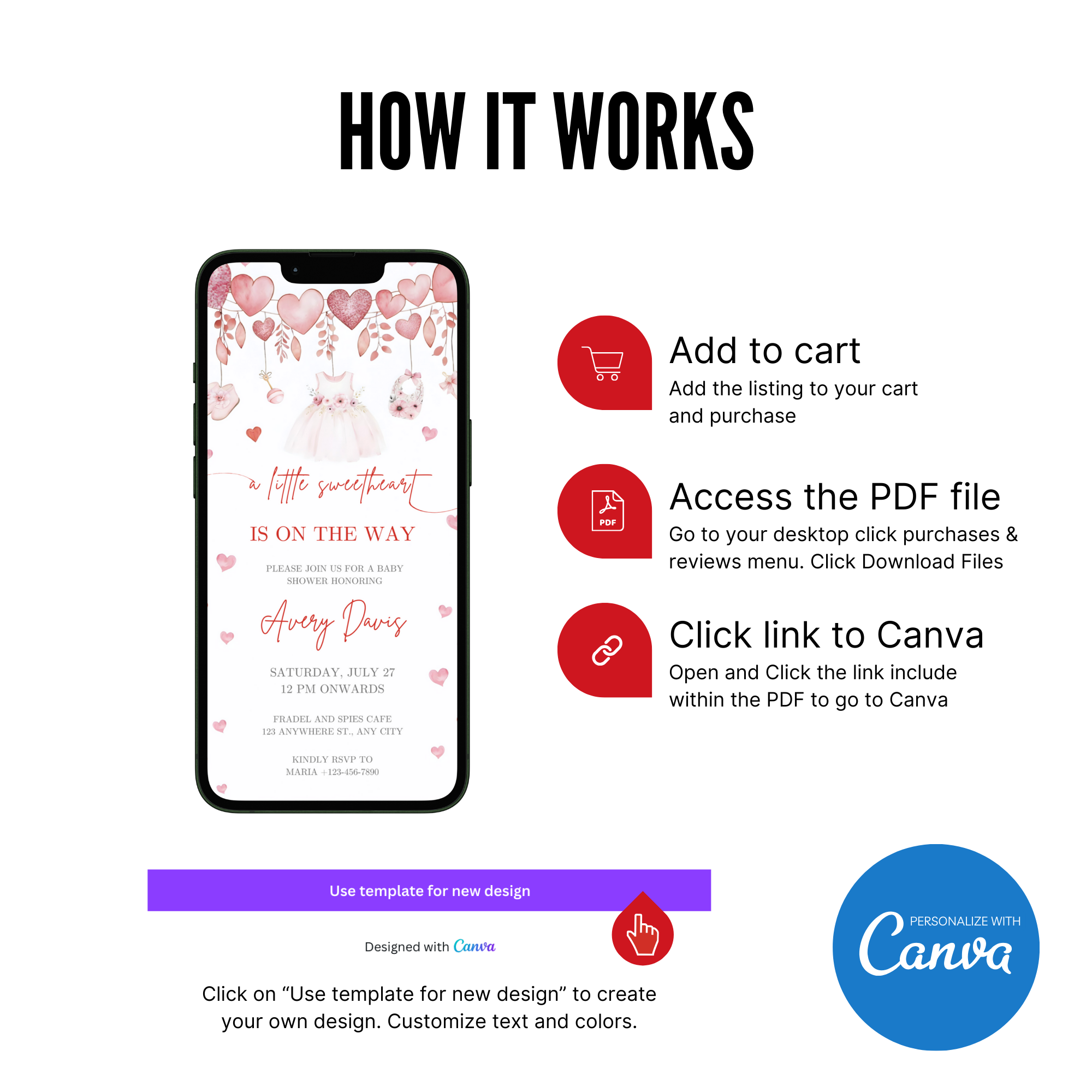 Little Sweetheart Baby Shower Invitation with pink heart design