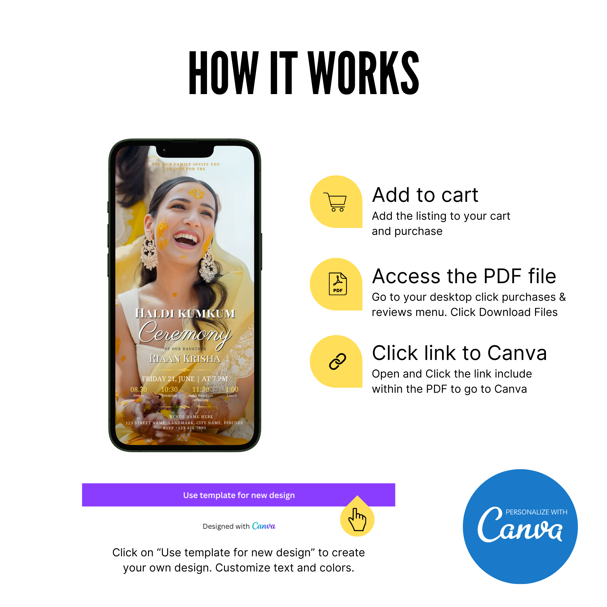 Traditional Haldi Kumkum Invitation with marigold and diya design