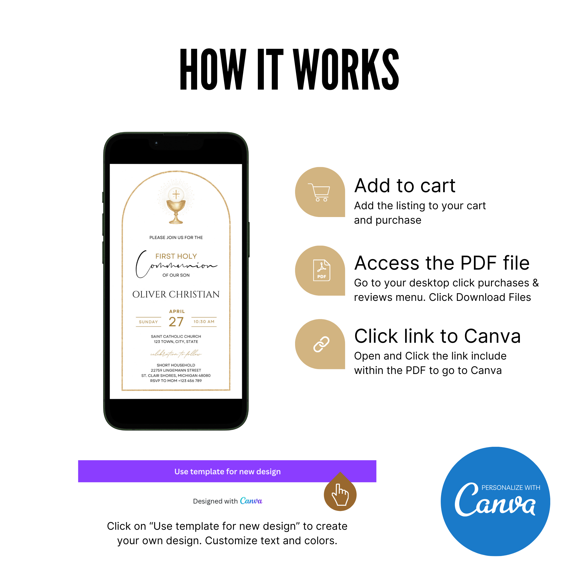 Elegant First Holy Communion invitation with soft neutral colors and religious design