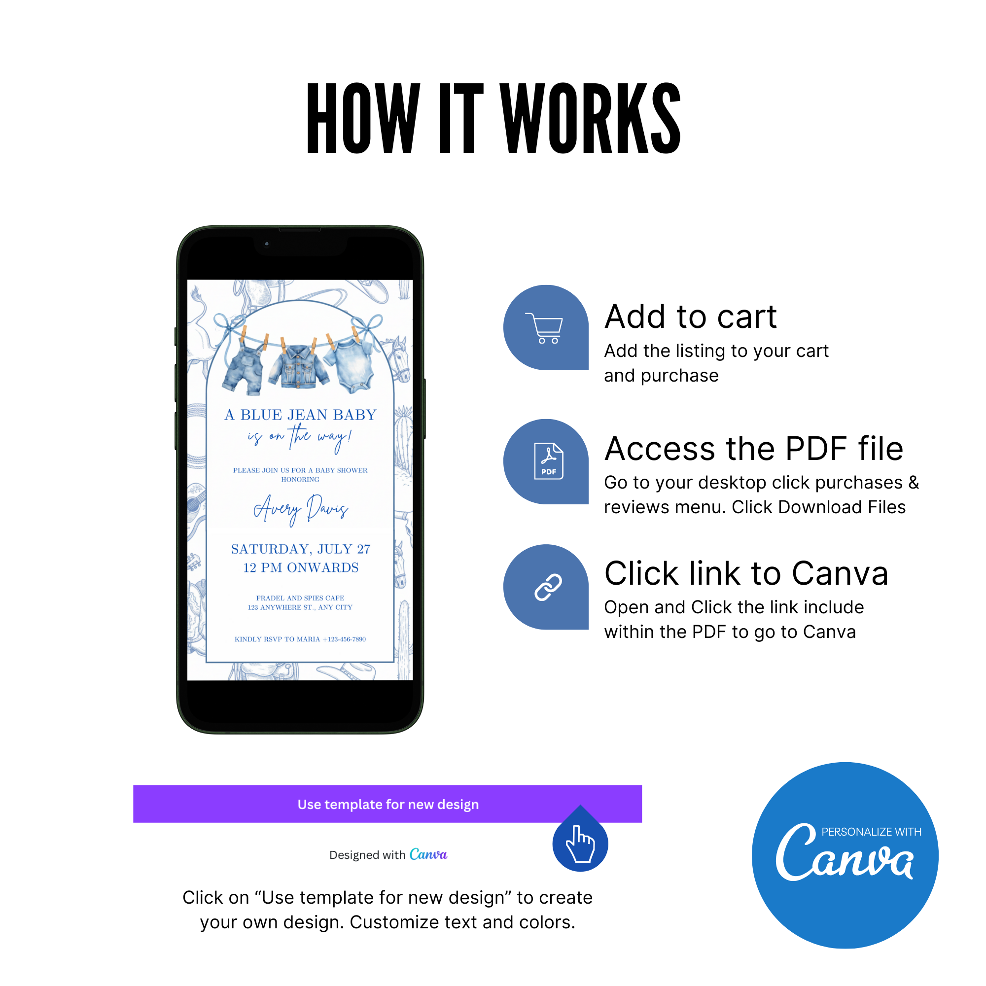 Blue Jean Baby Shower Invitation with denim texture and blue tones