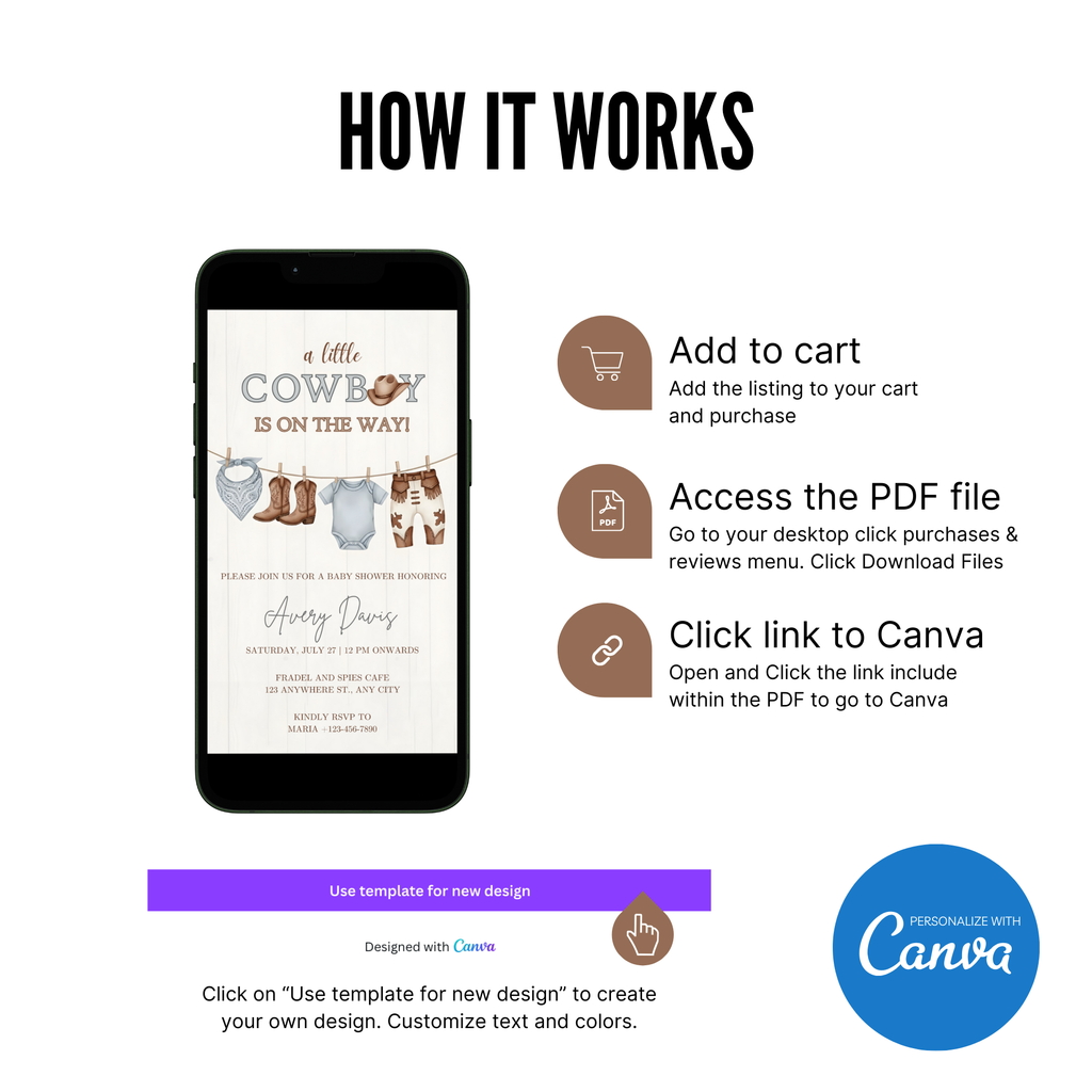 Cowboy baby shower invitation with rustic western theme, cowboy hat and boots design