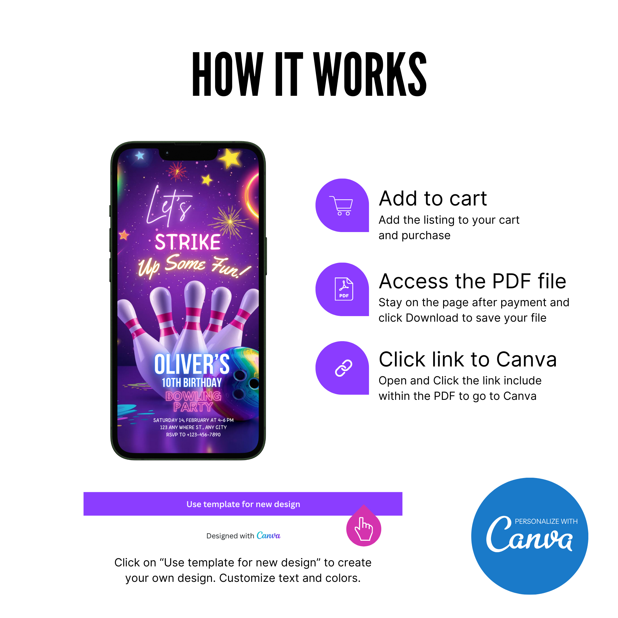 Bowling party invitation card with neon bowling theme