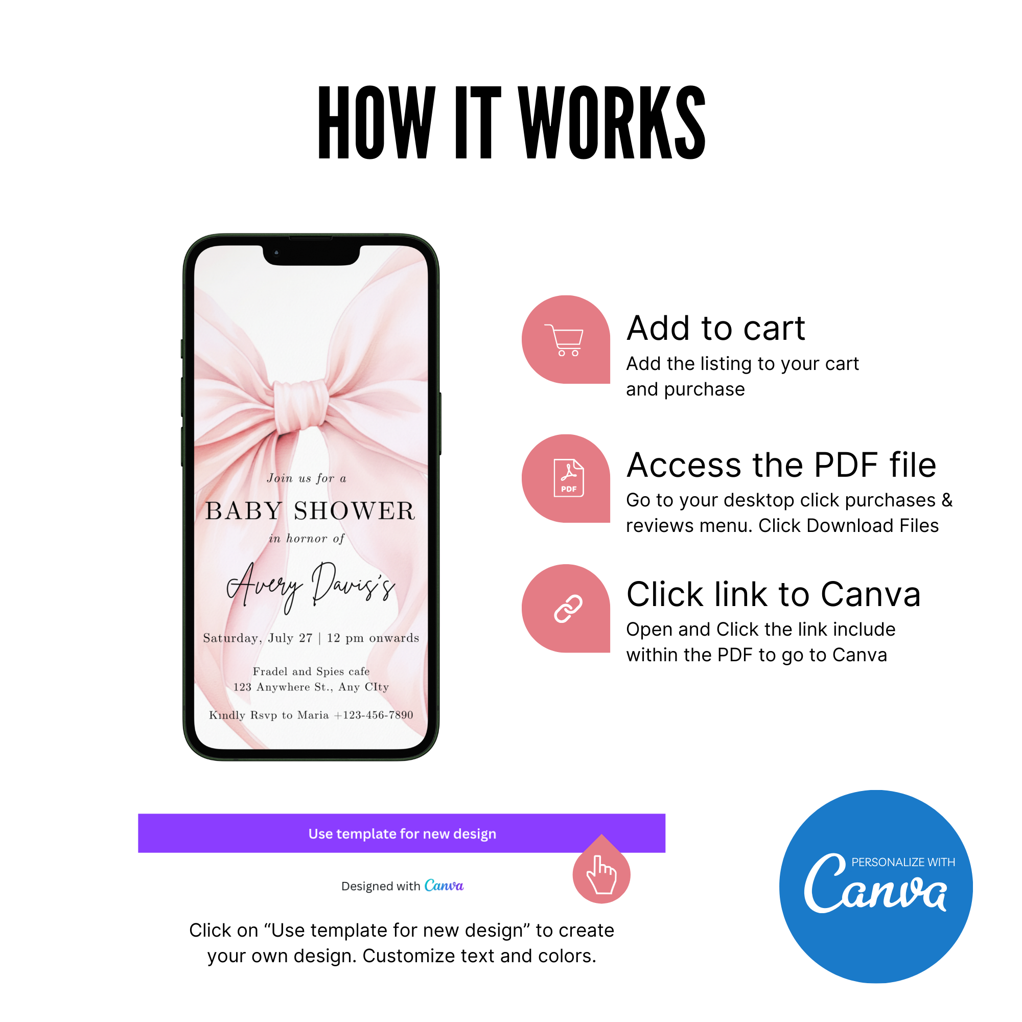 Blush Pink Bow Baby Shower Invitation Template with soft pink background and elegant bow design