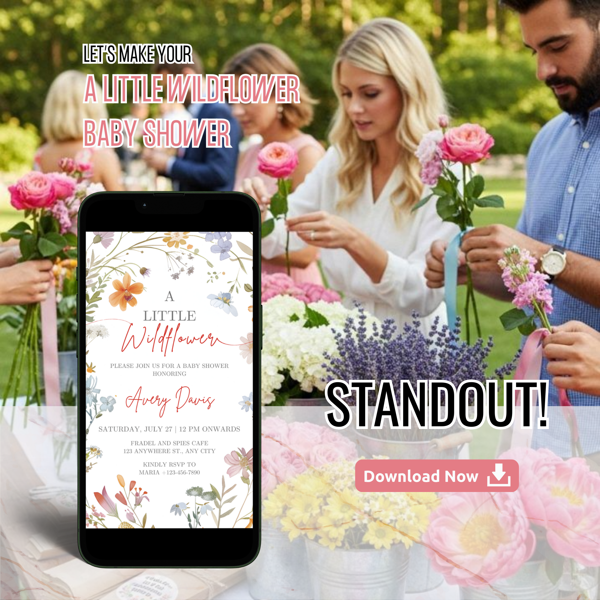 A Little Wildflower Baby Shower Invitation with soft watercolor flowers and greenery