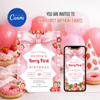 strawberry first birthday invitation girl pink design