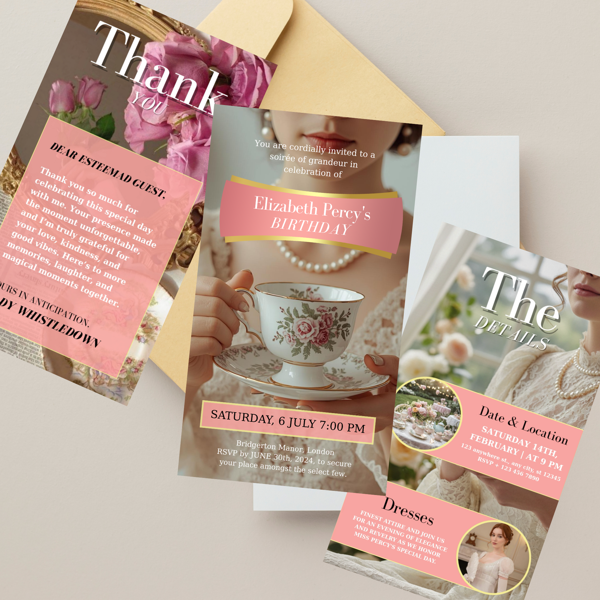 Luxury Bridgerton invitation design with watercolor flowers and antique frame
