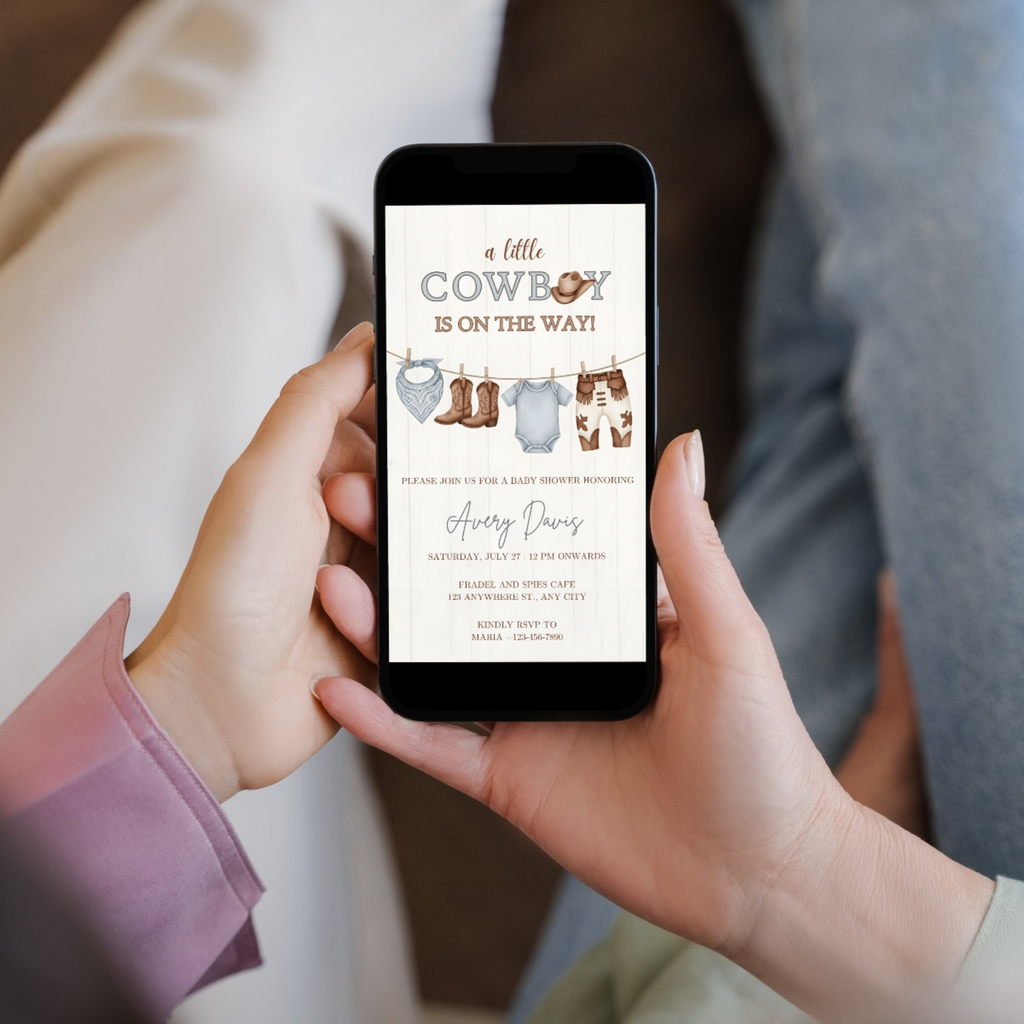 Cowboy baby shower invitation with rustic western theme, cowboy hat and boots design