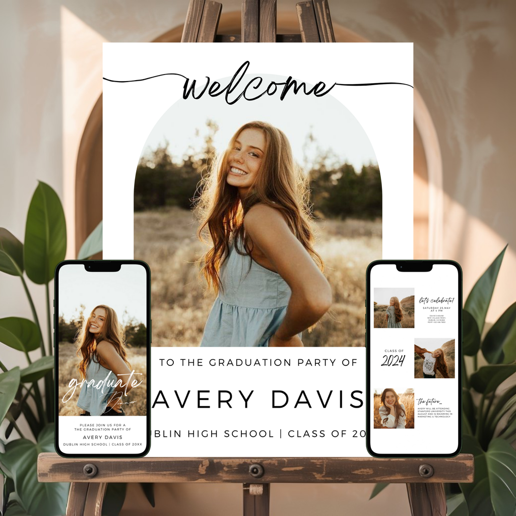 Graduation party invitation with a photo of a young woman on an easel, surrounded by plants.