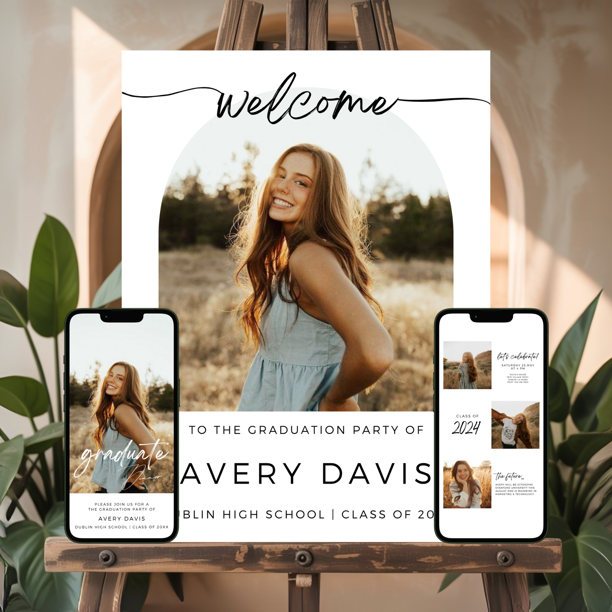 Graduation party invitation with a photo of a young woman on an easel, surrounded by plants.