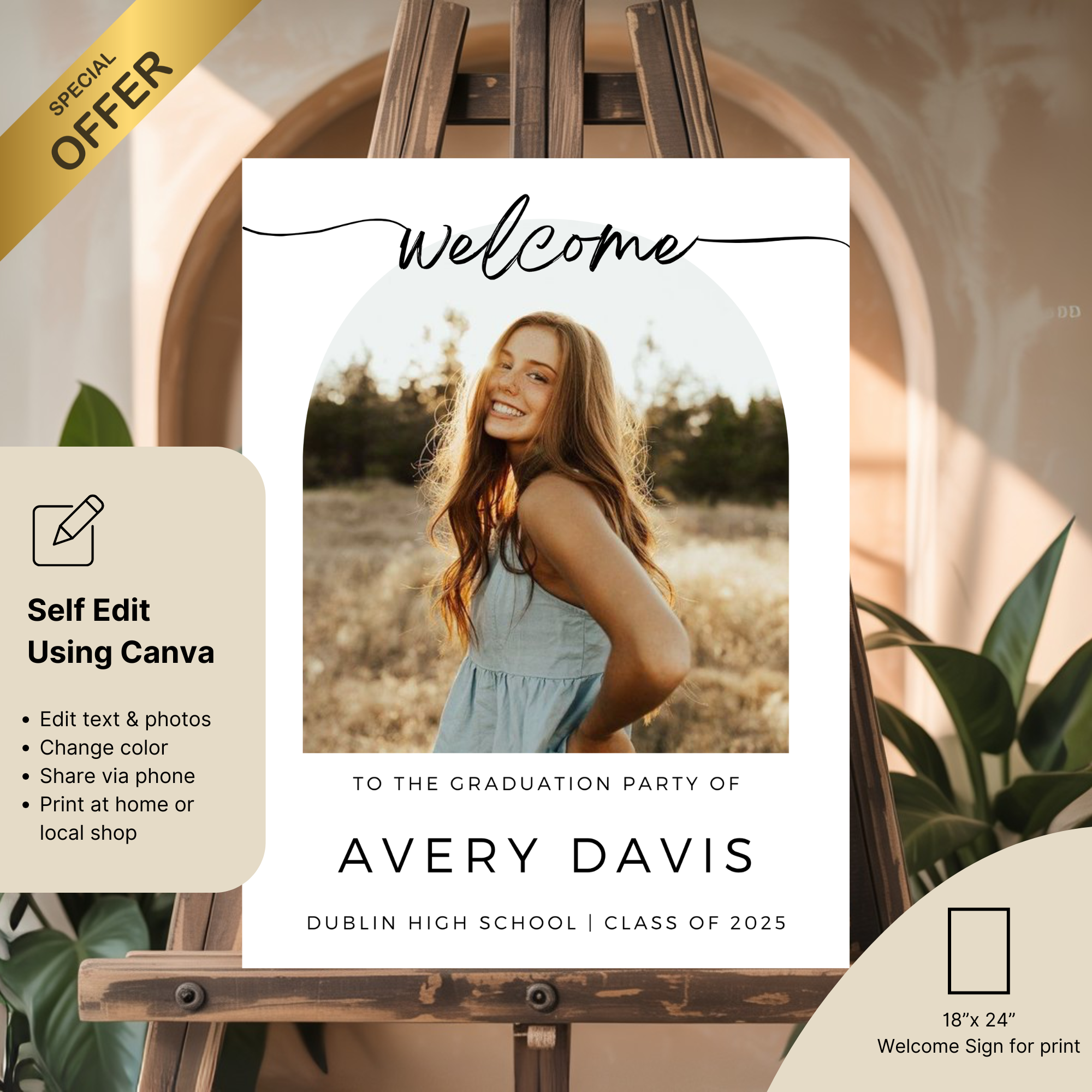 Graduation party invitation sign with a photo of a woman on an easel.