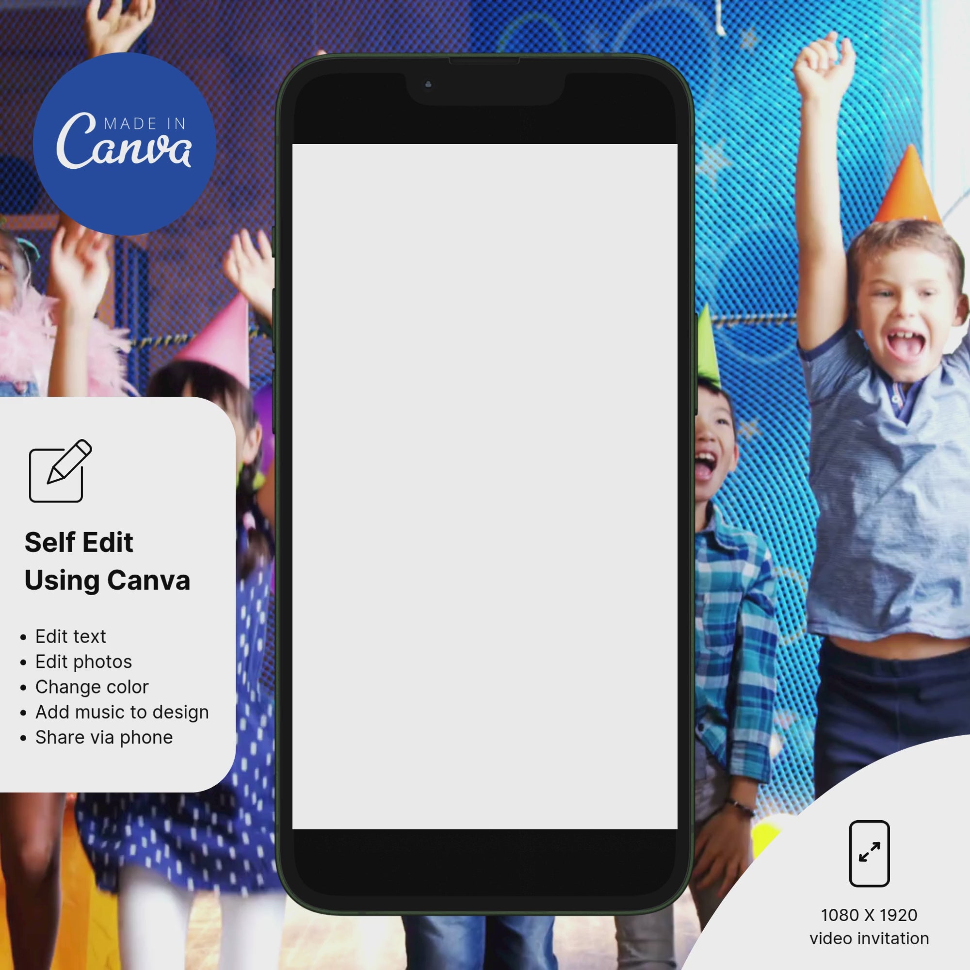 Kids birthday party invite hi five design bright colors